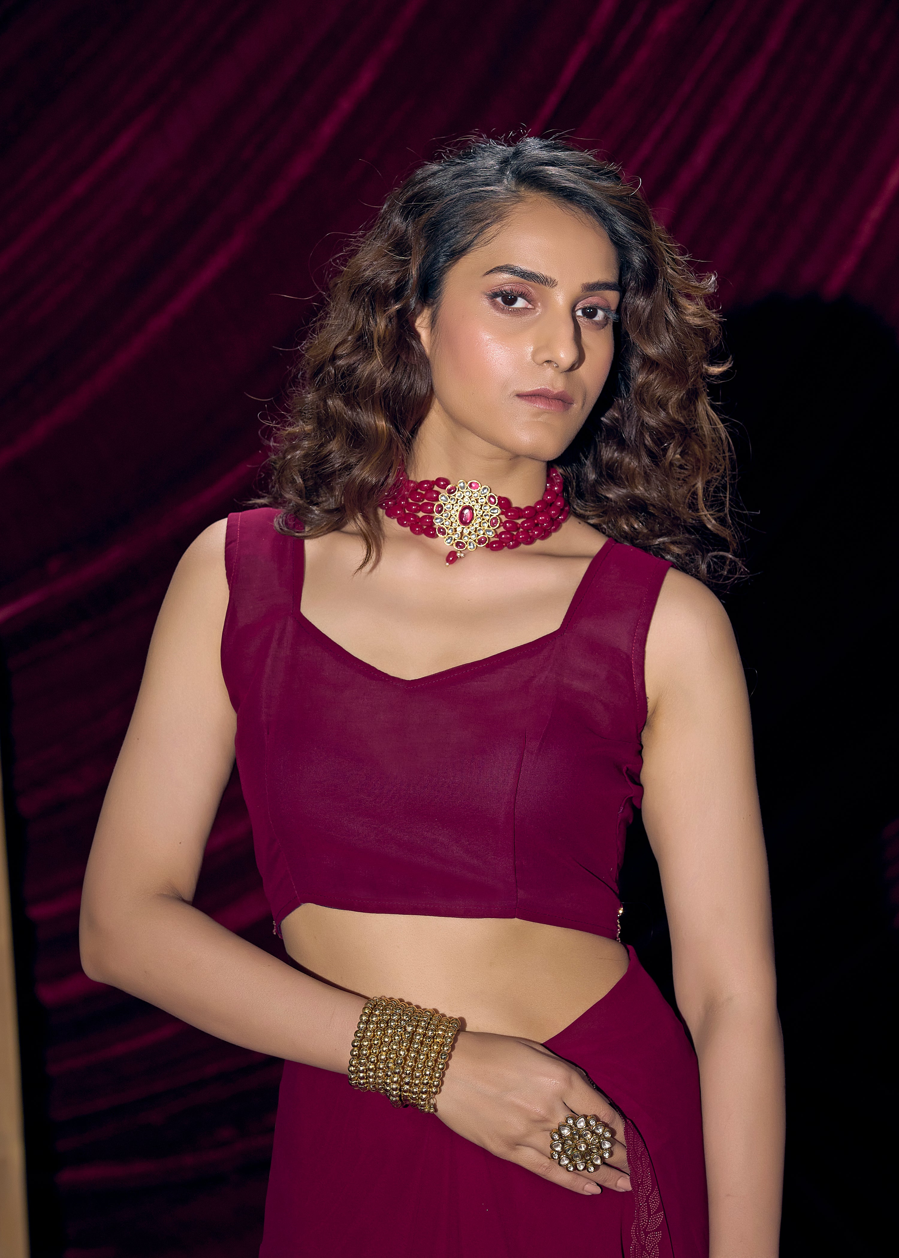 Berry Magenta Embellished Georgette Saree