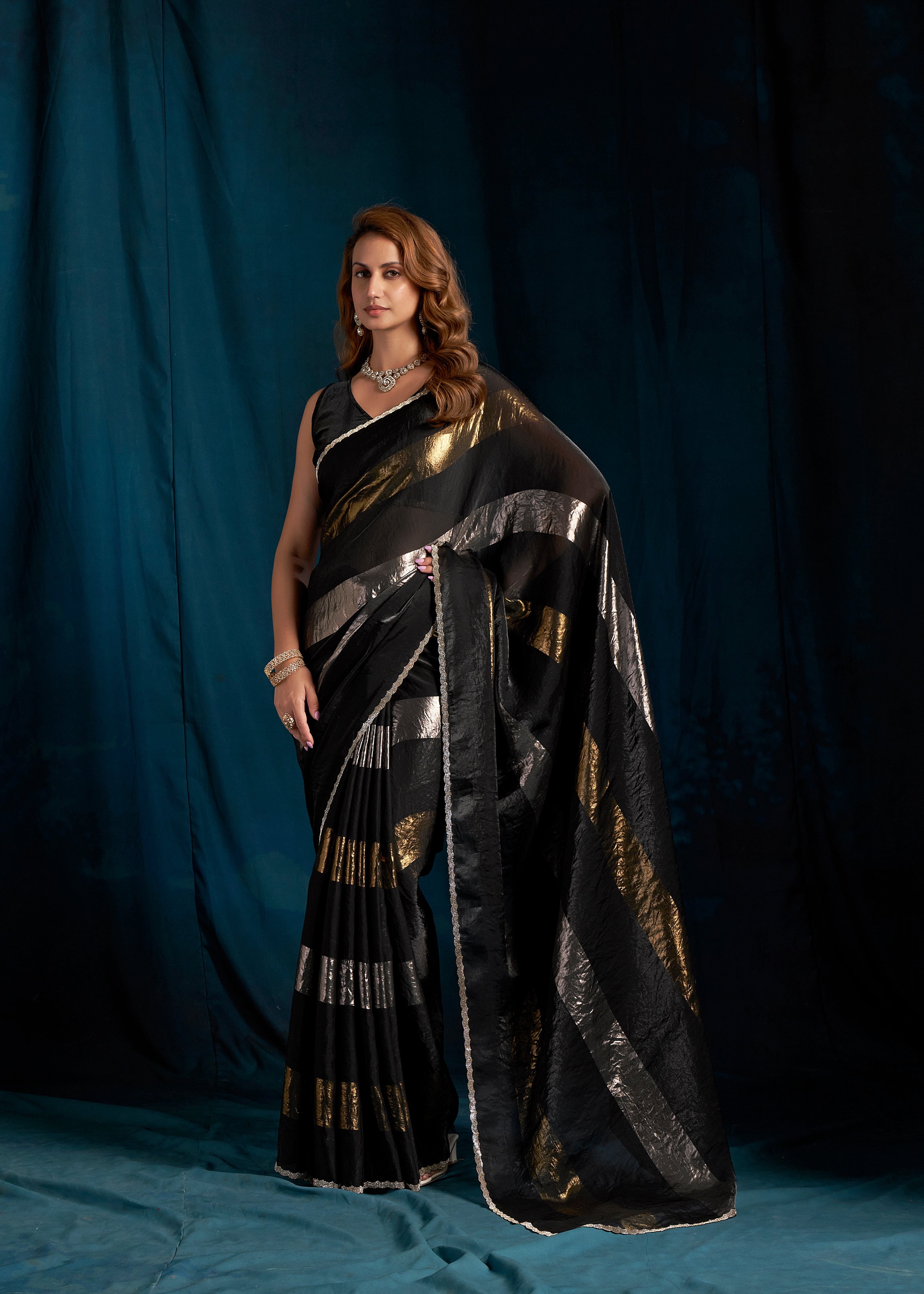 Metallic Black Embellished Satin Silk Saree