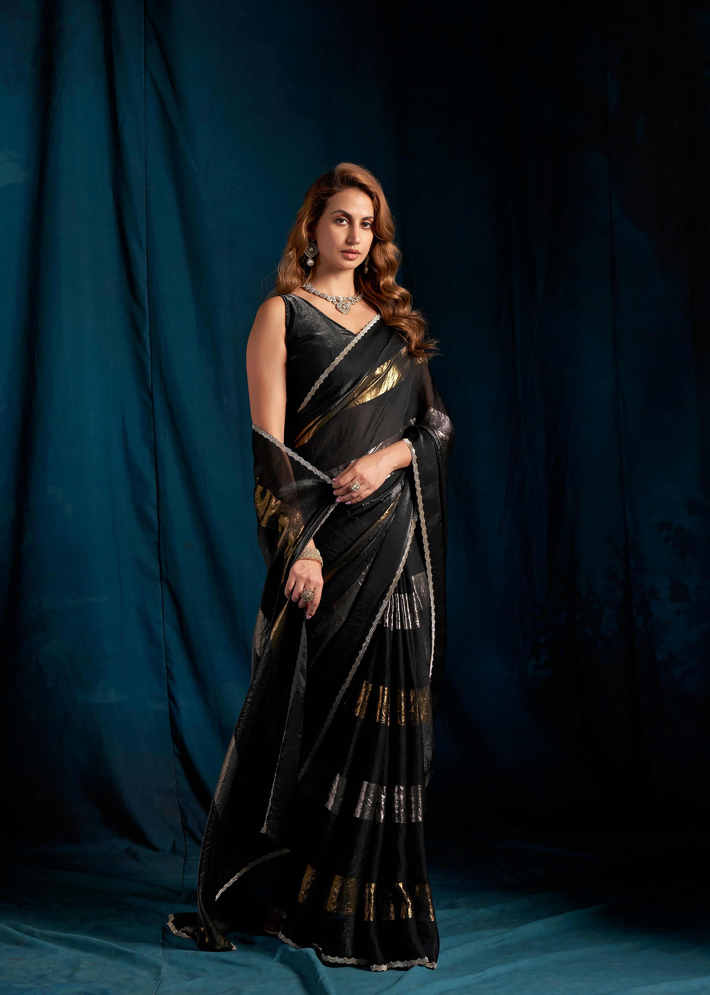 Metallic Black Embellished Satin Silk Saree