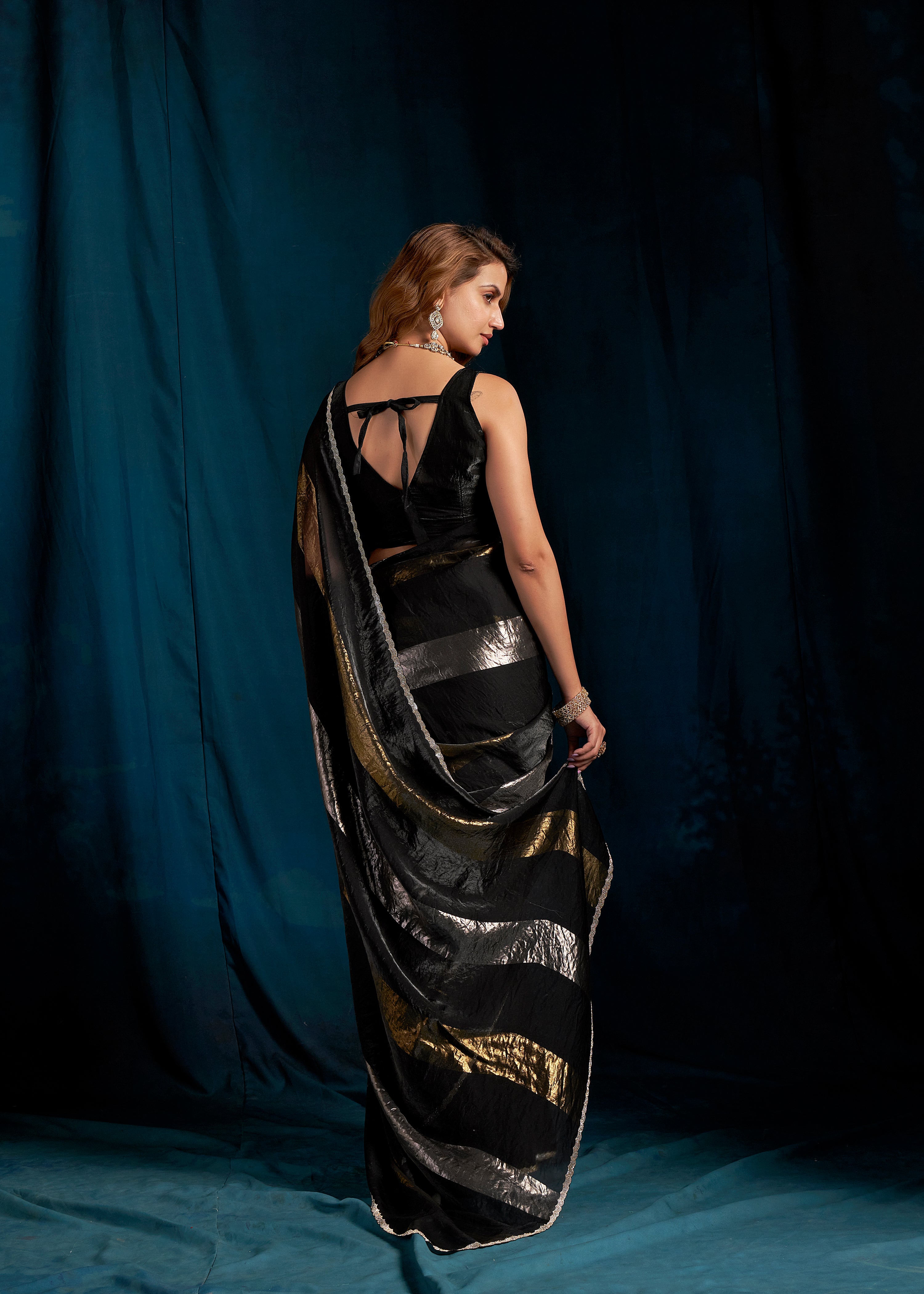 Metallic Black Embellished Satin Silk Saree