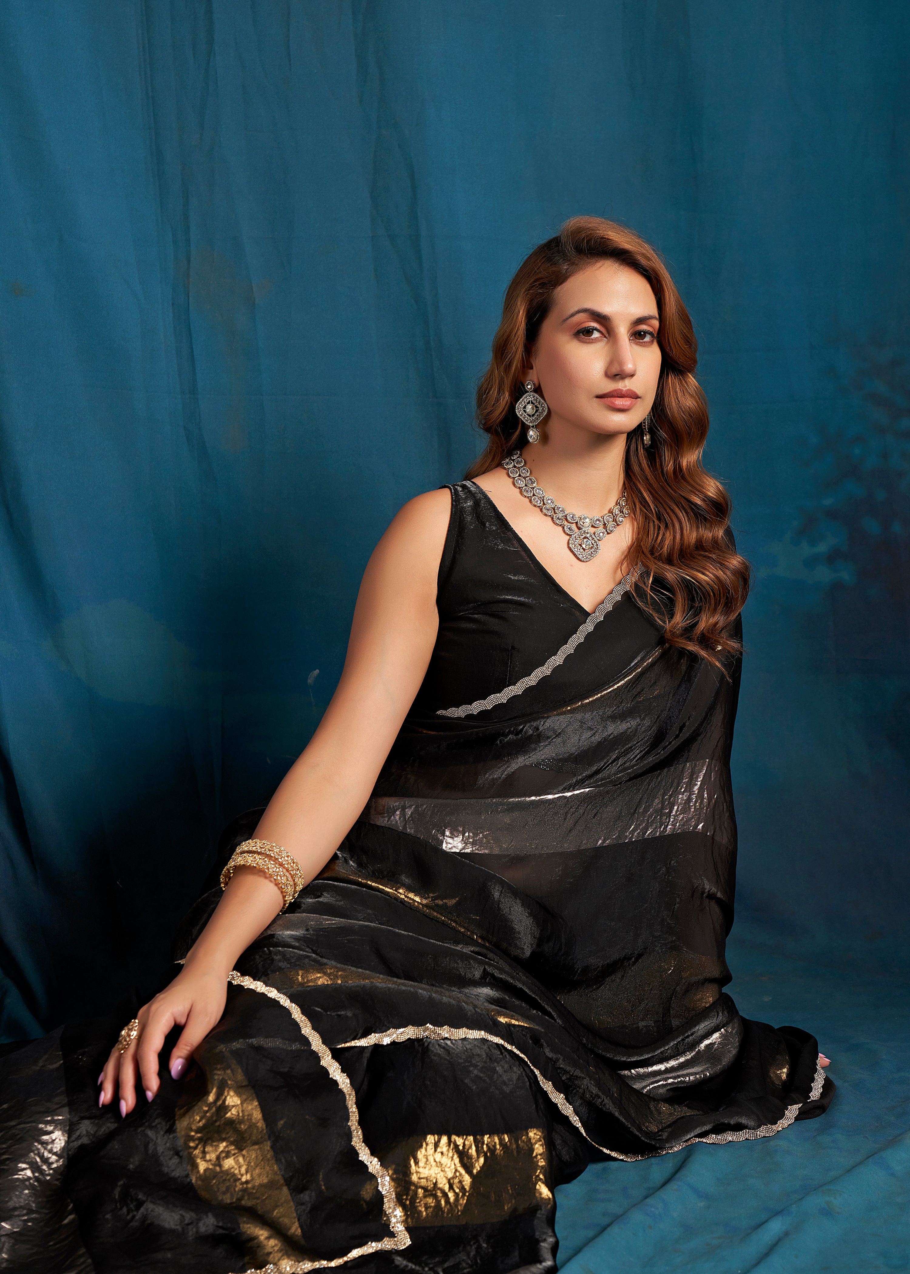 Metallic Black Embellished Satin Silk Saree