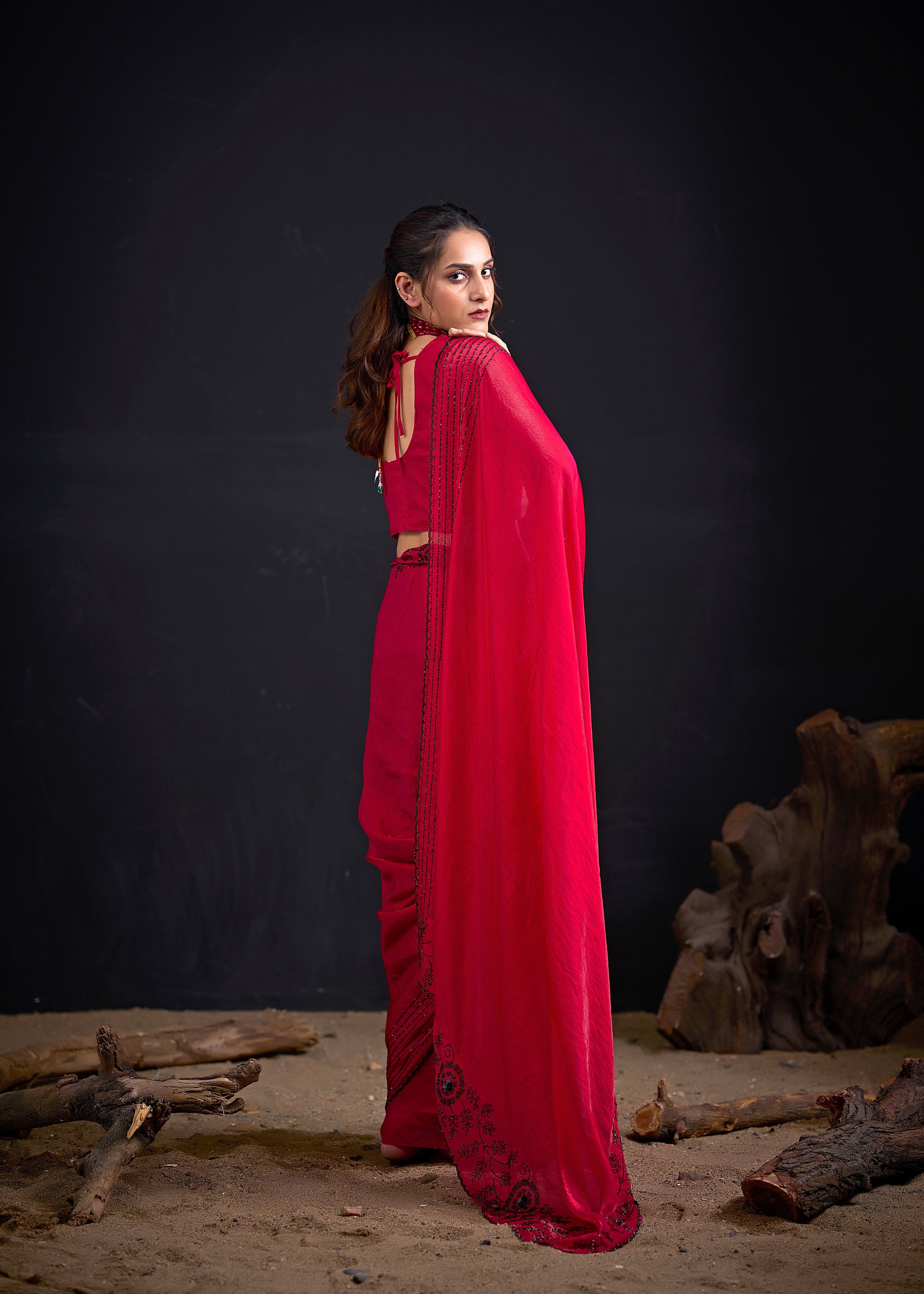 Cherry Red Embellished Tissue Silk Saree