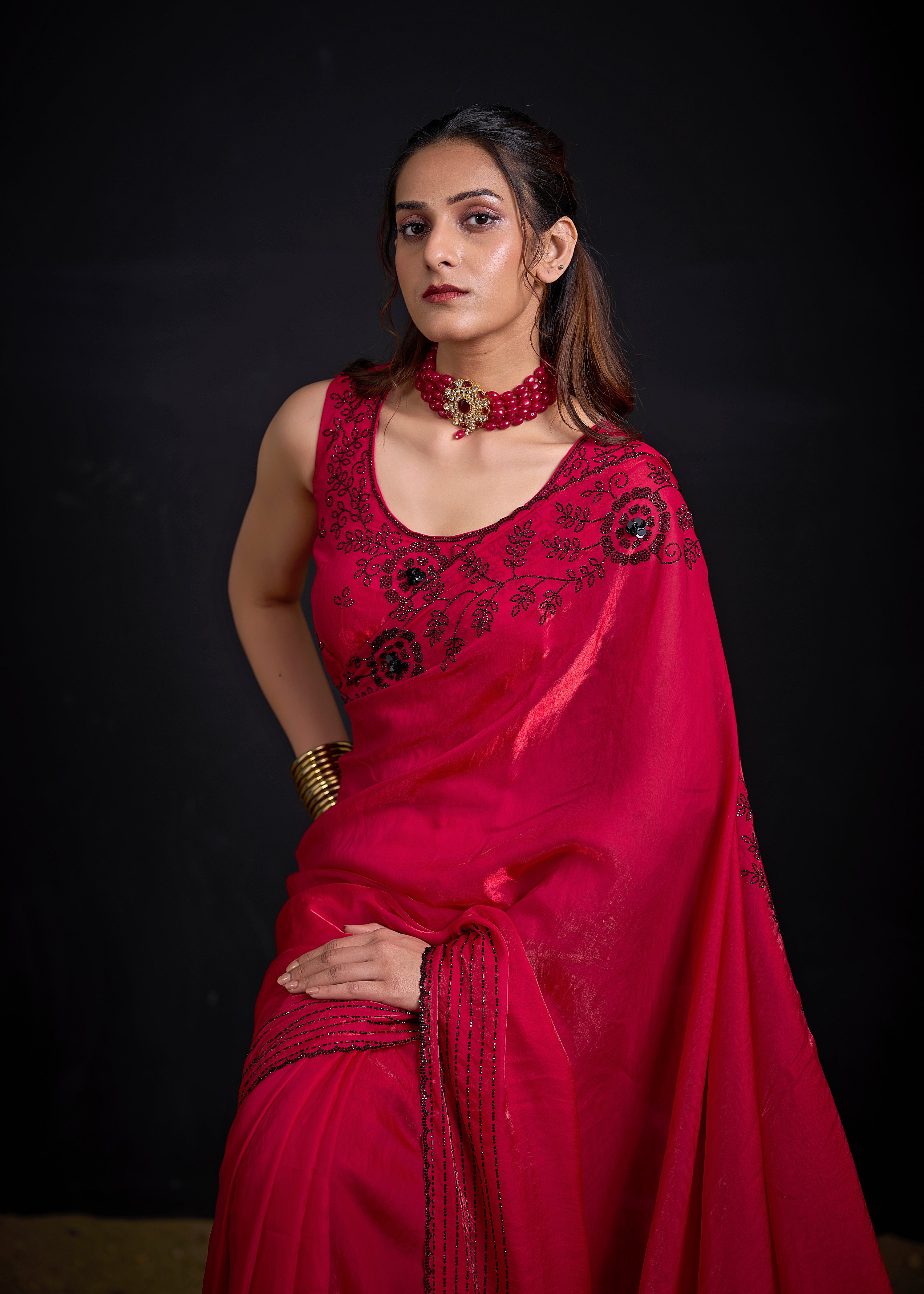 Cherry Red Embellished Tissue Silk Saree