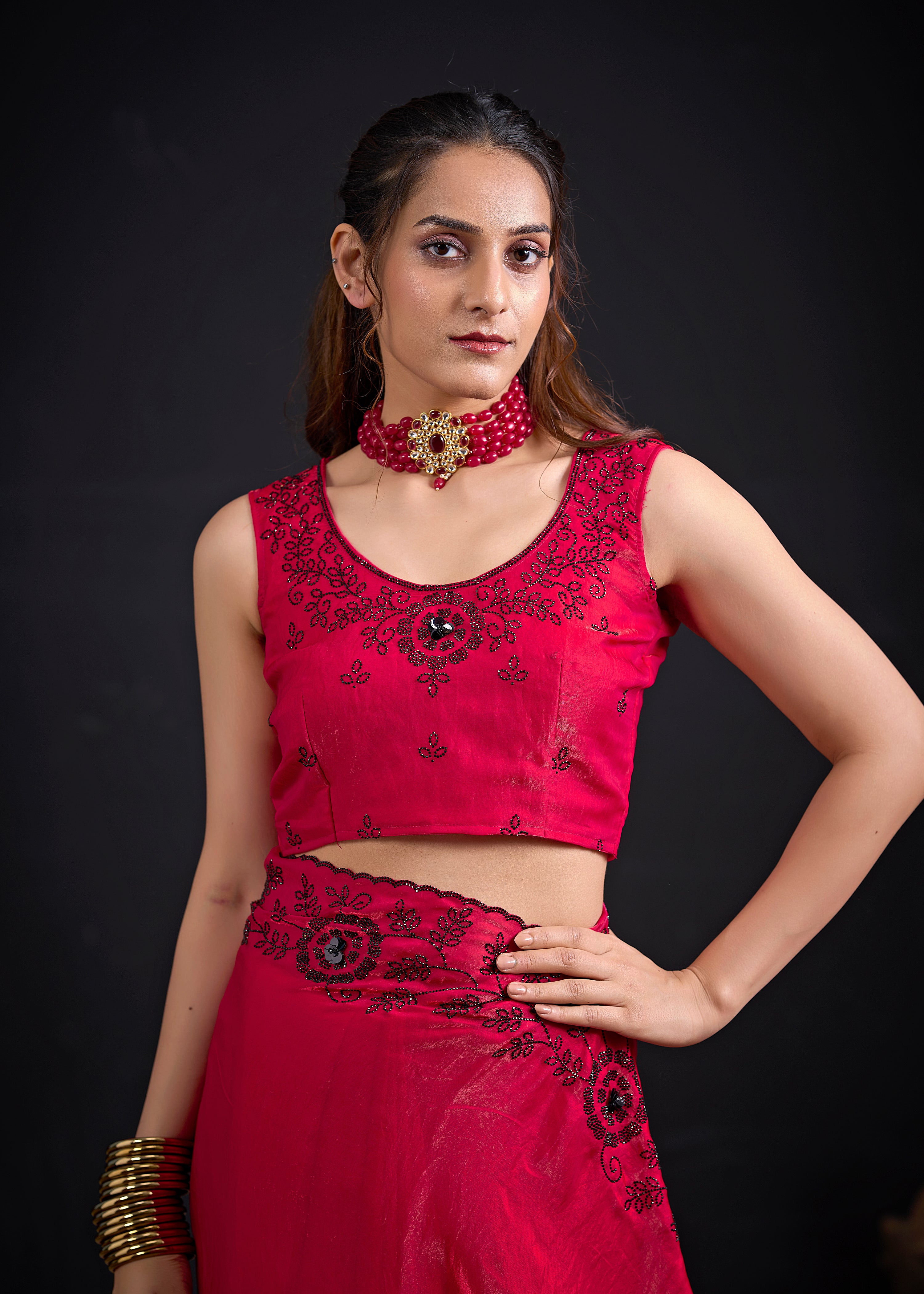 Cherry Red Embellished Tissue Silk Saree