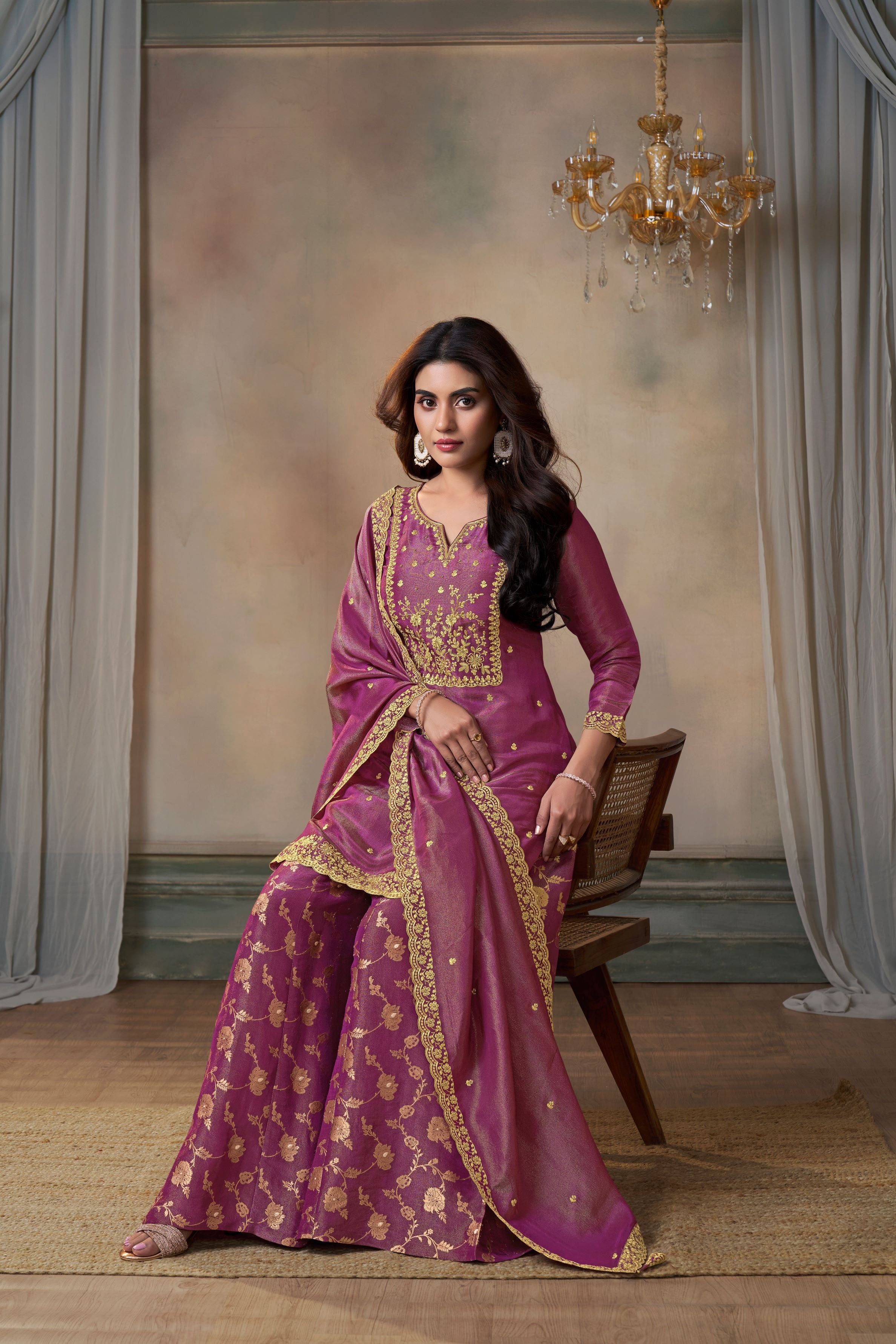 Deep Pink Banarasi Tissue Silk Palazzo Set