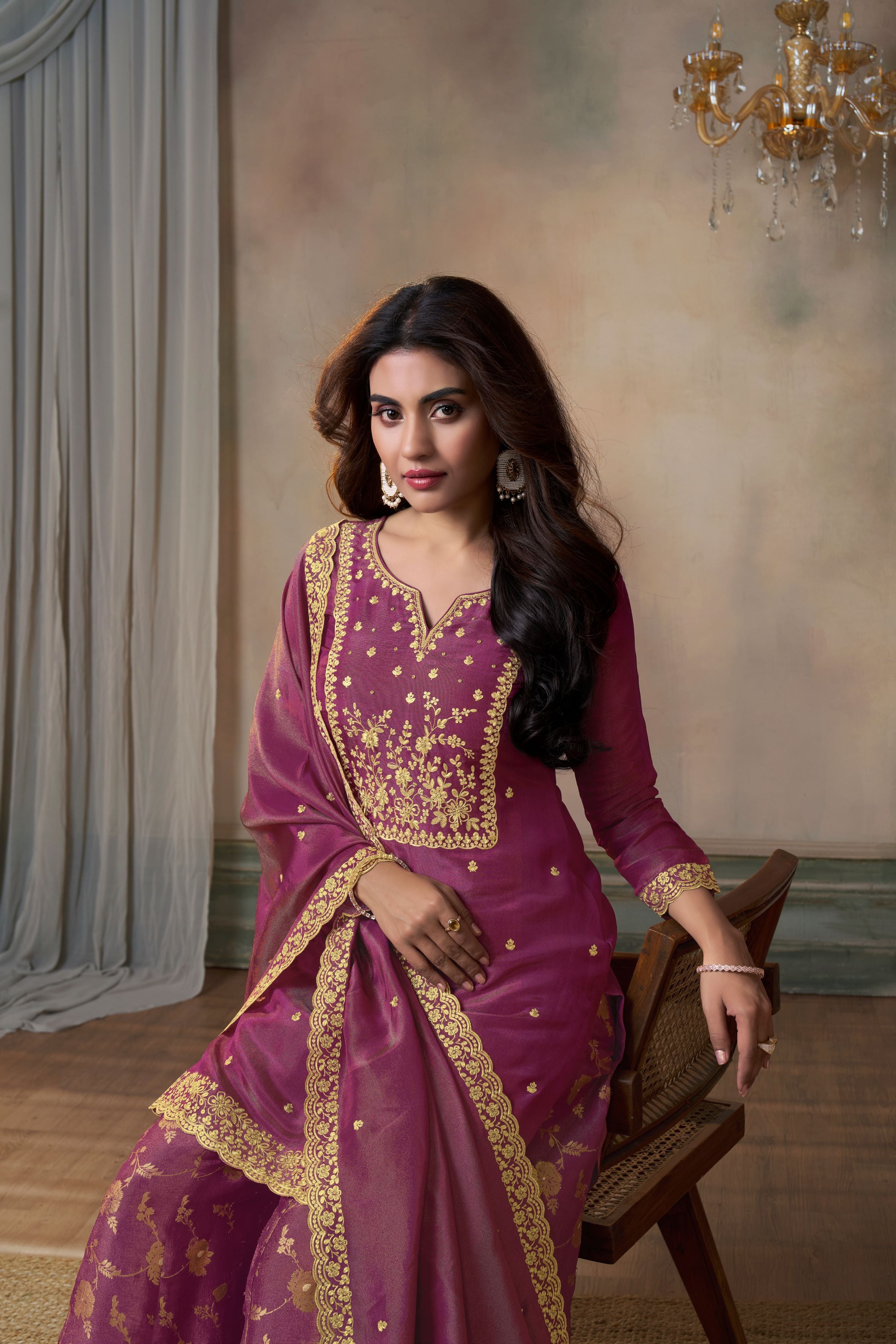 Deep Pink Banarasi Tissue Silk Palazzo Set