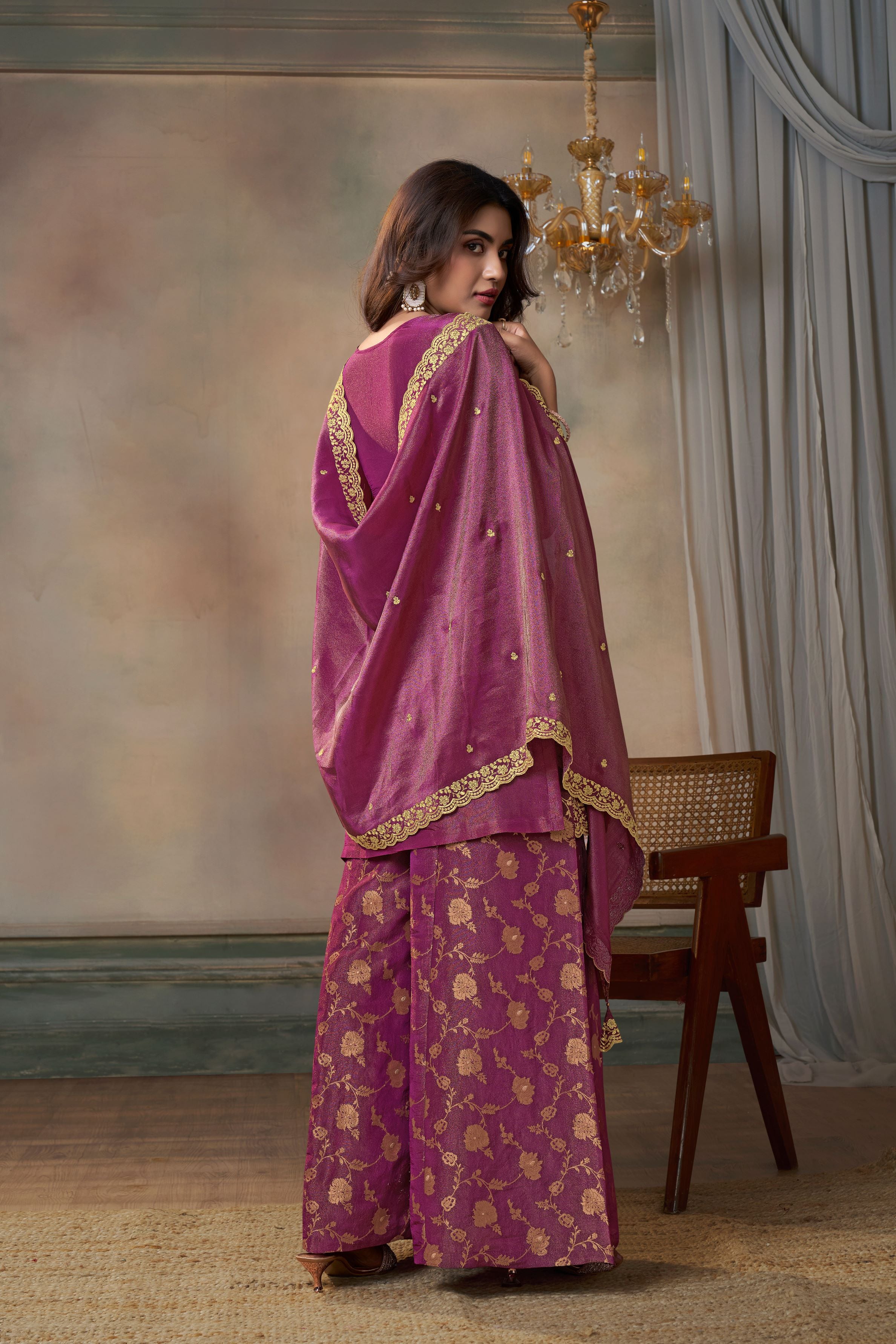 Deep Pink Banarasi Tissue Silk Palazzo Set