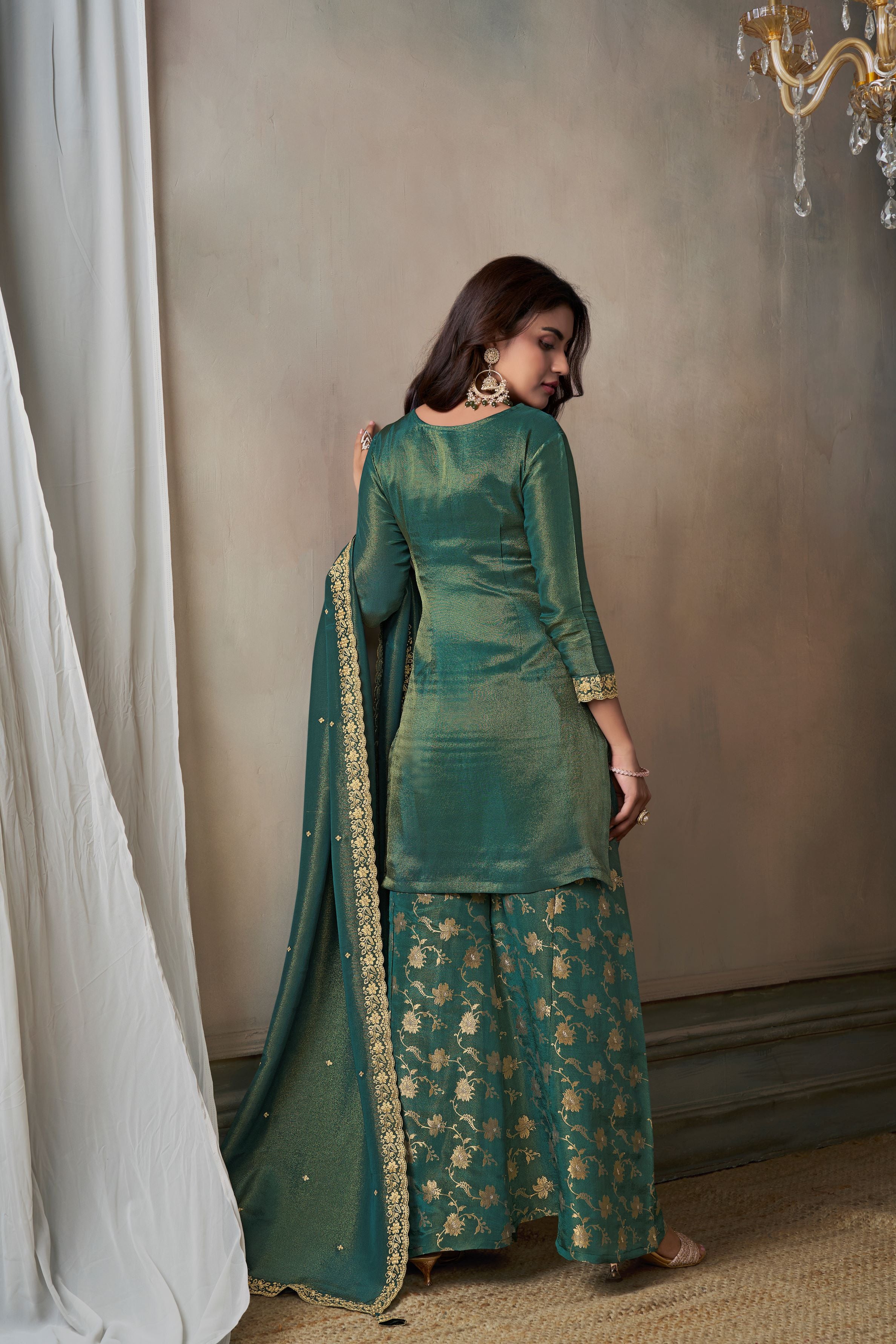 Teal Green Banarasi Tissue Silk Palazzo Set