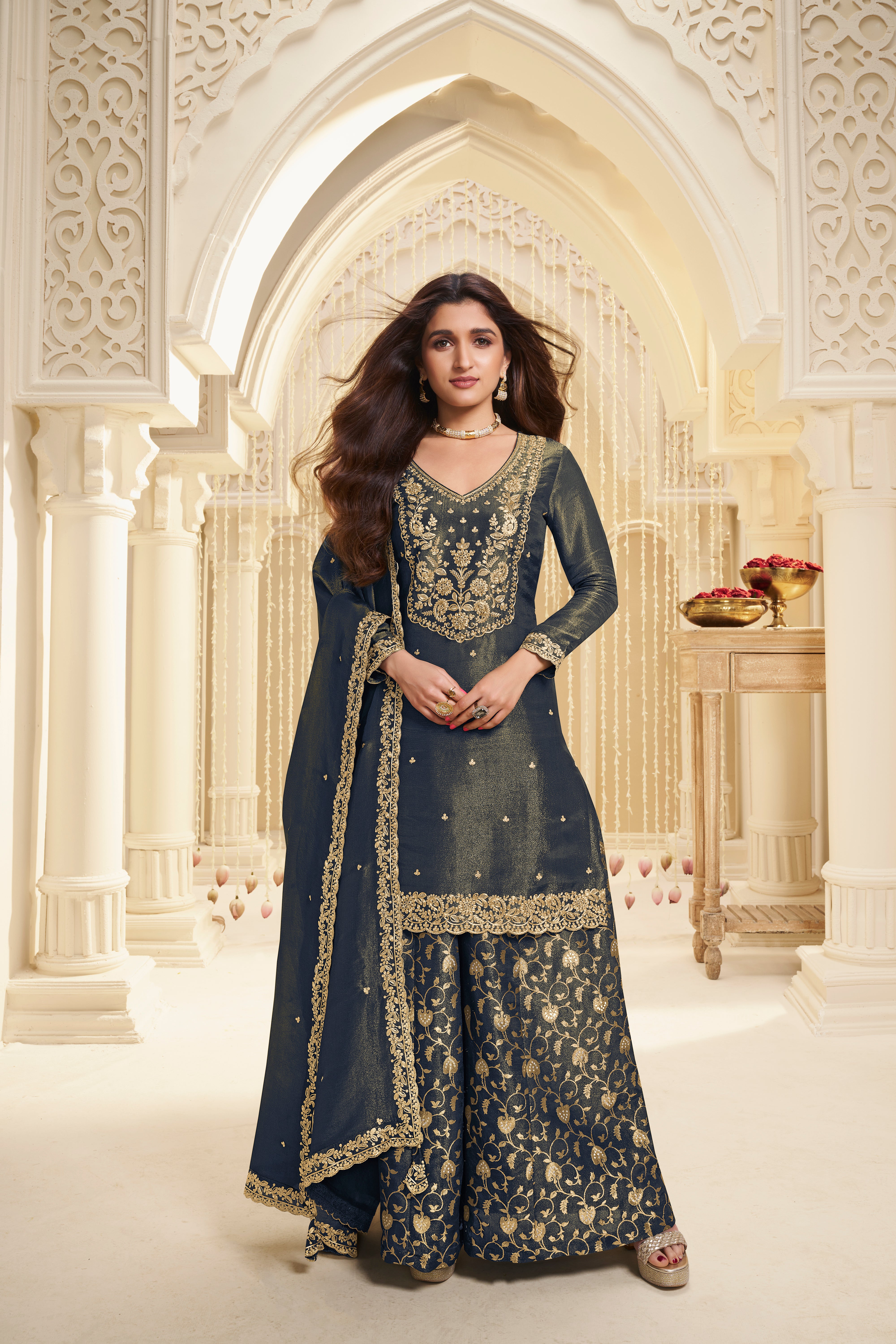 Blue Banarasi Kurta & Palazzo Set