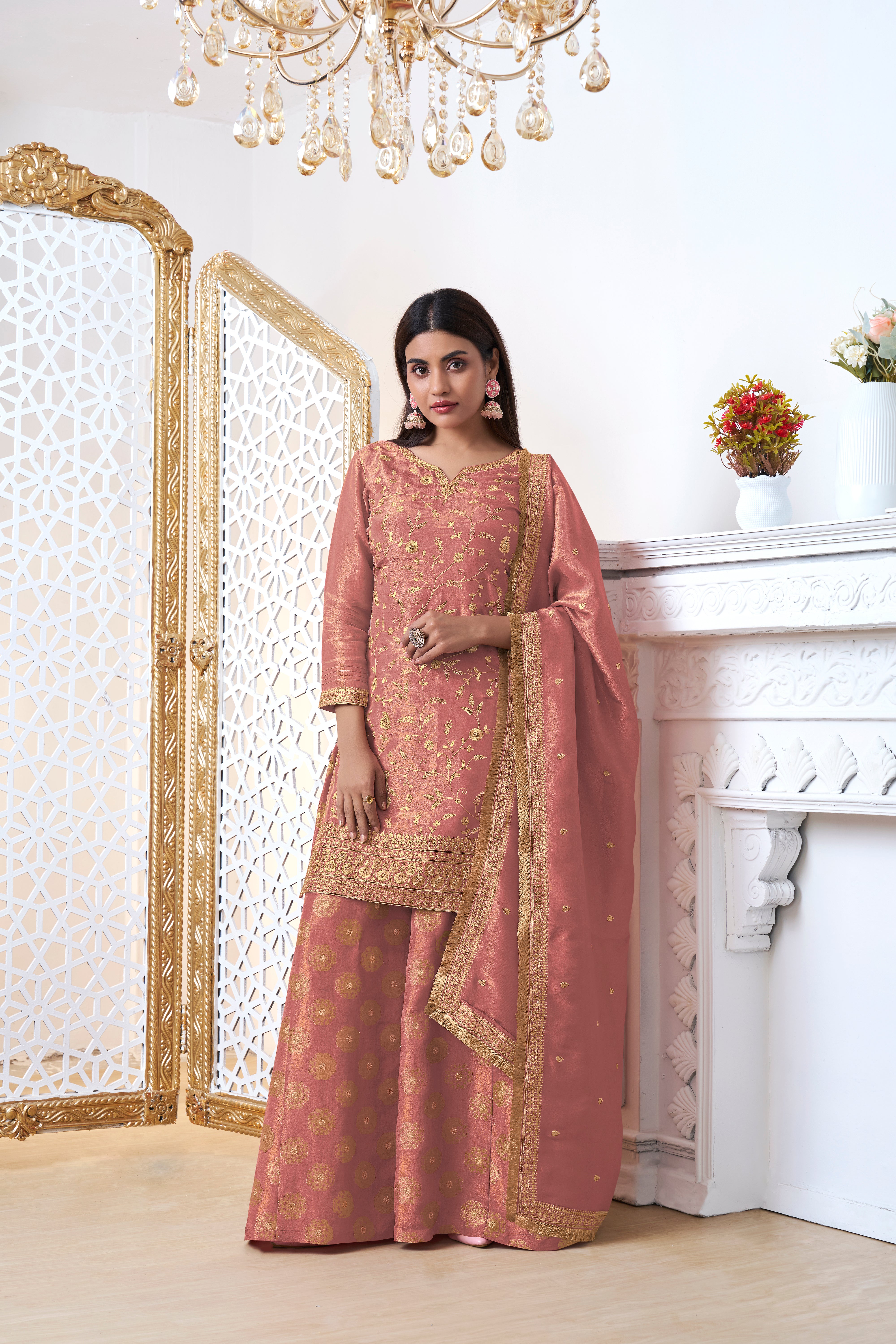 Golden Peach Banarasi Kurta & Palazzo Set
