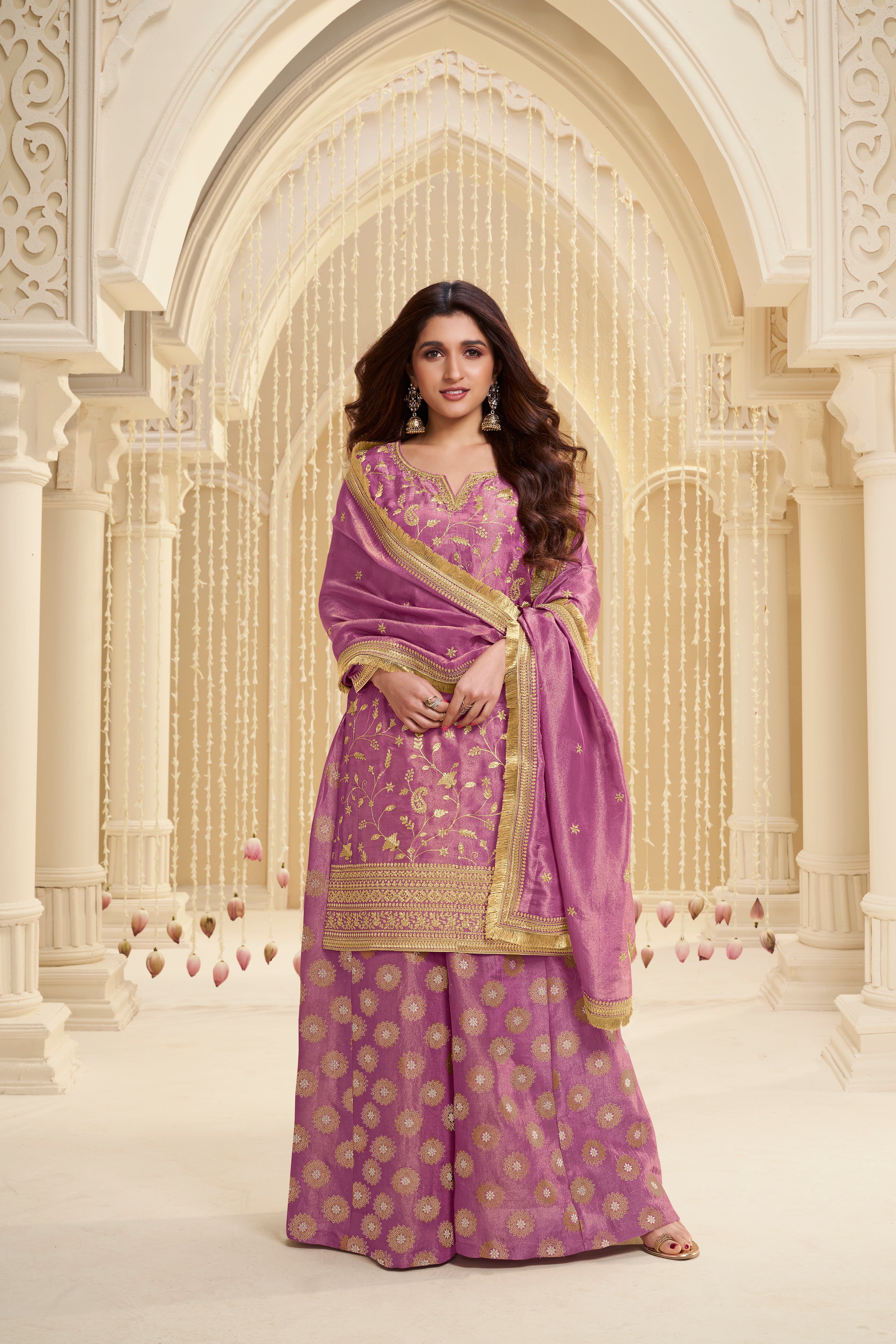 Golden Pink Banarasi Kurta & Palazzo Set