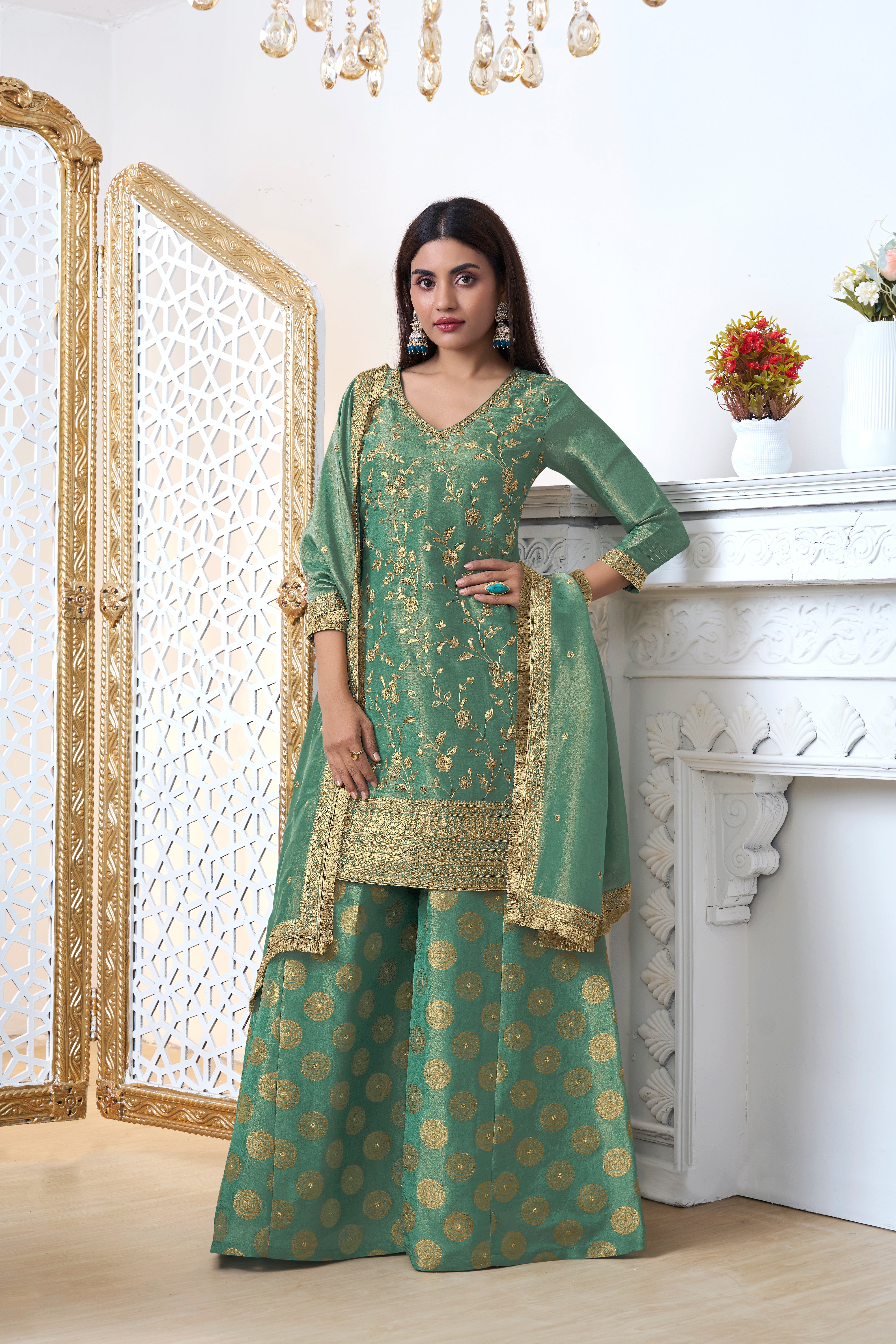 Golden Green Banarasi Kurta & Palazzo Set