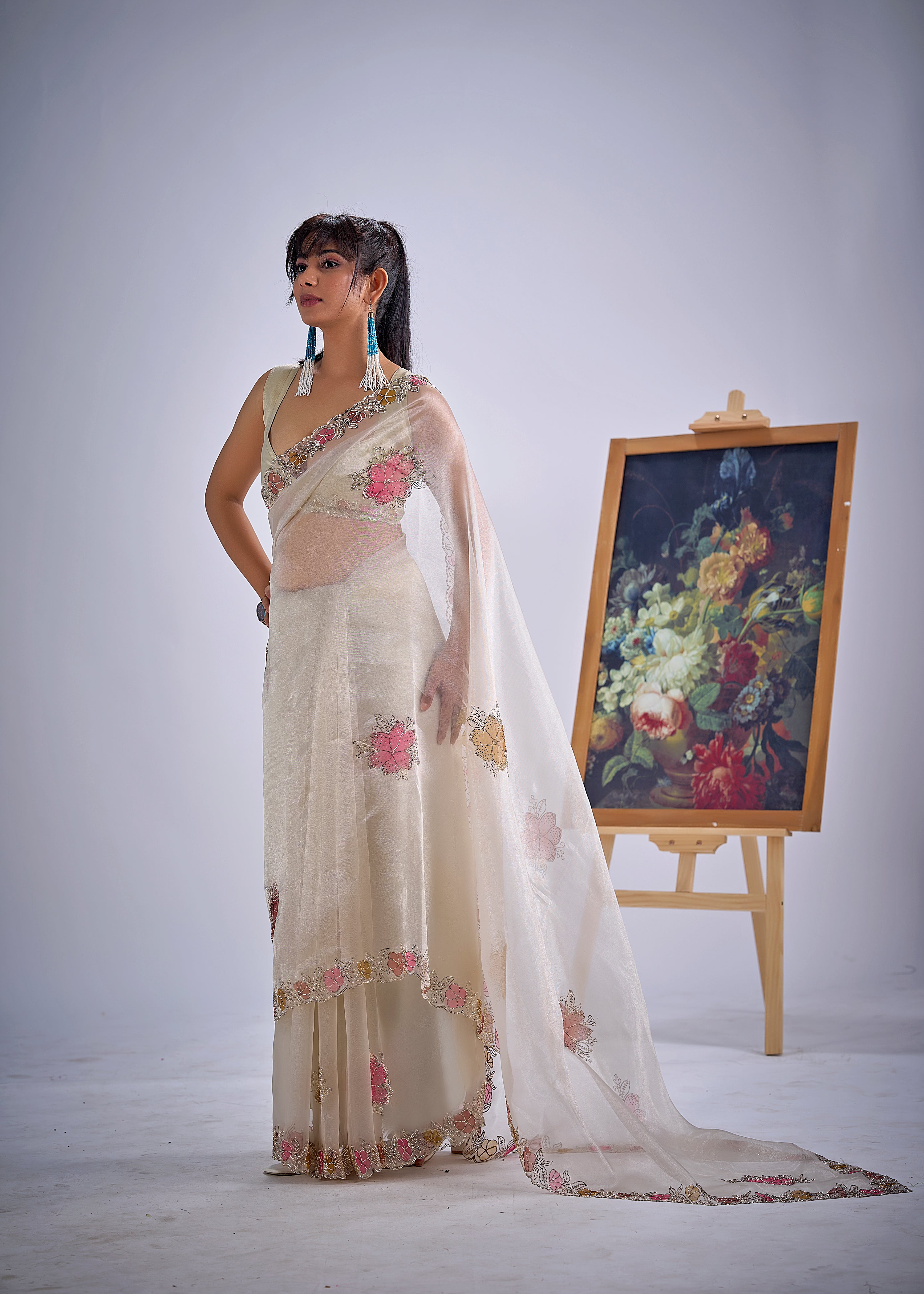 Shimmer Ivory Embellished Organza Tissue Saree