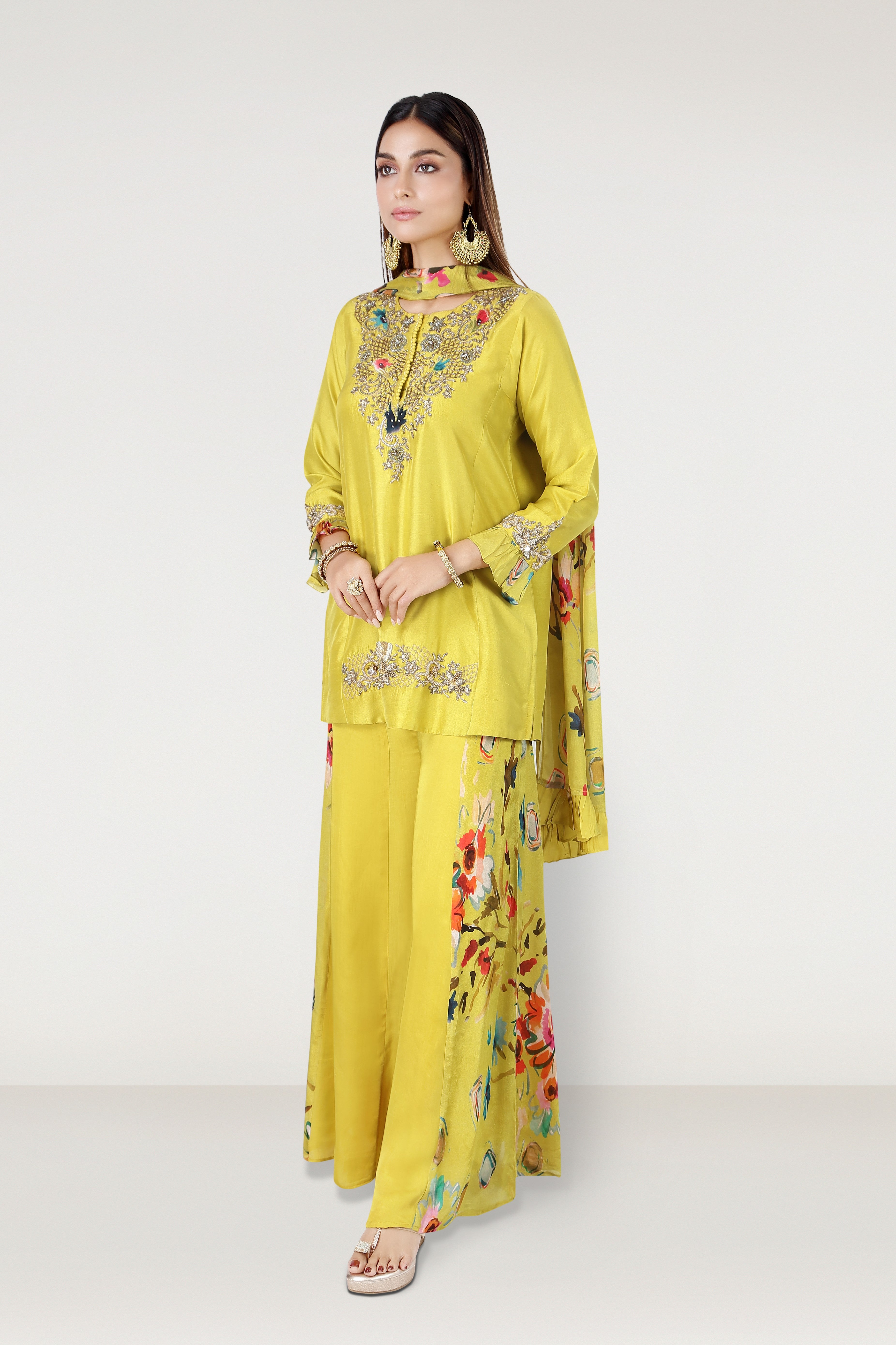 Yellow Embroidered Satin Silk Palazzo Set