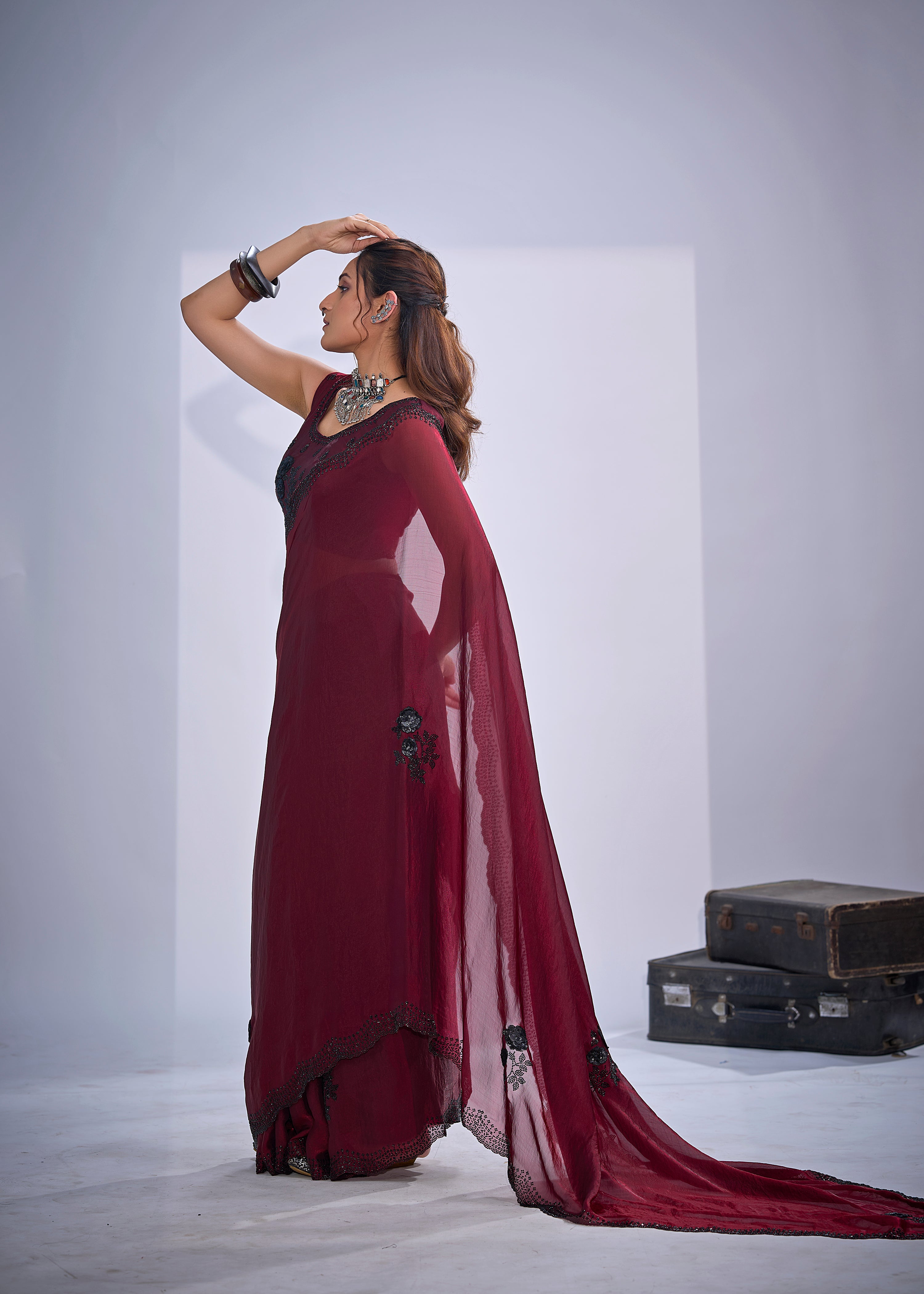 Deep Wine Embellished Tissue Silk Saree