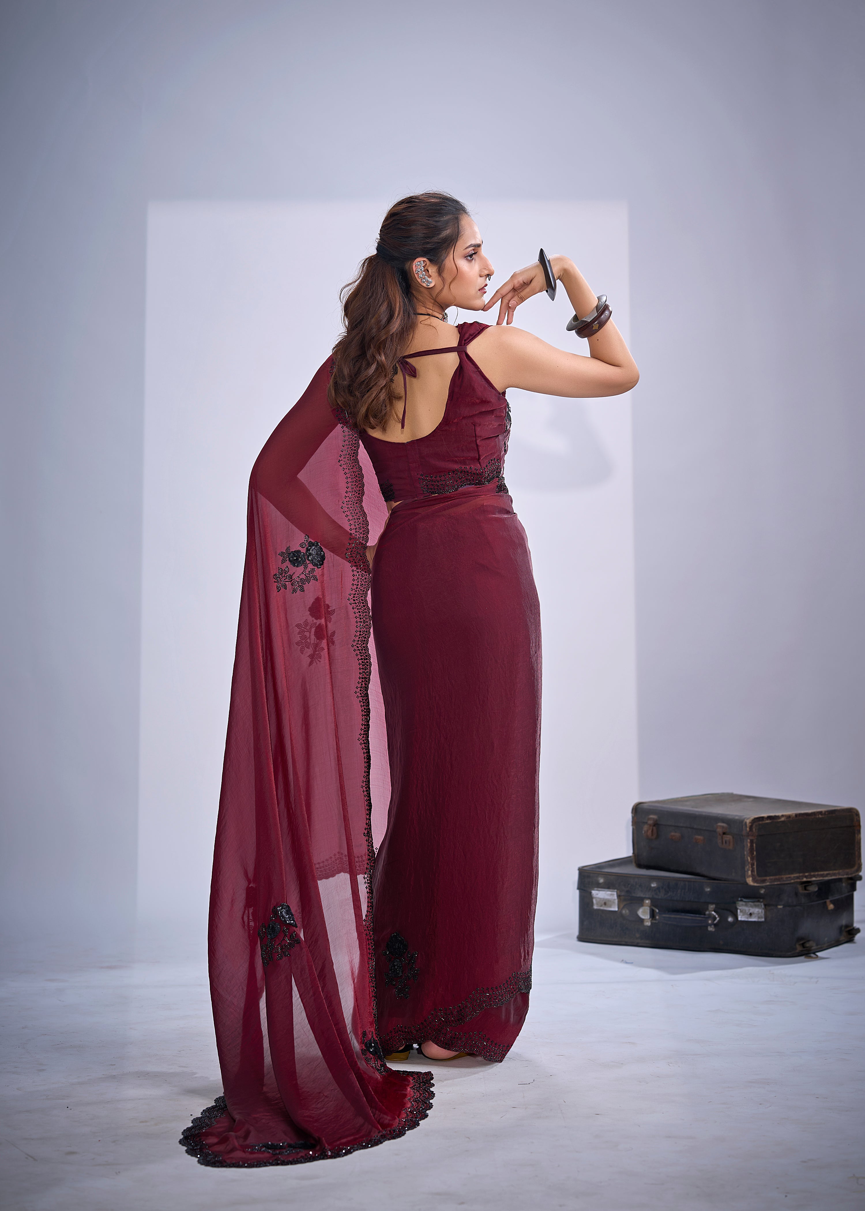 Deep Wine Embellished Tissue Silk Saree