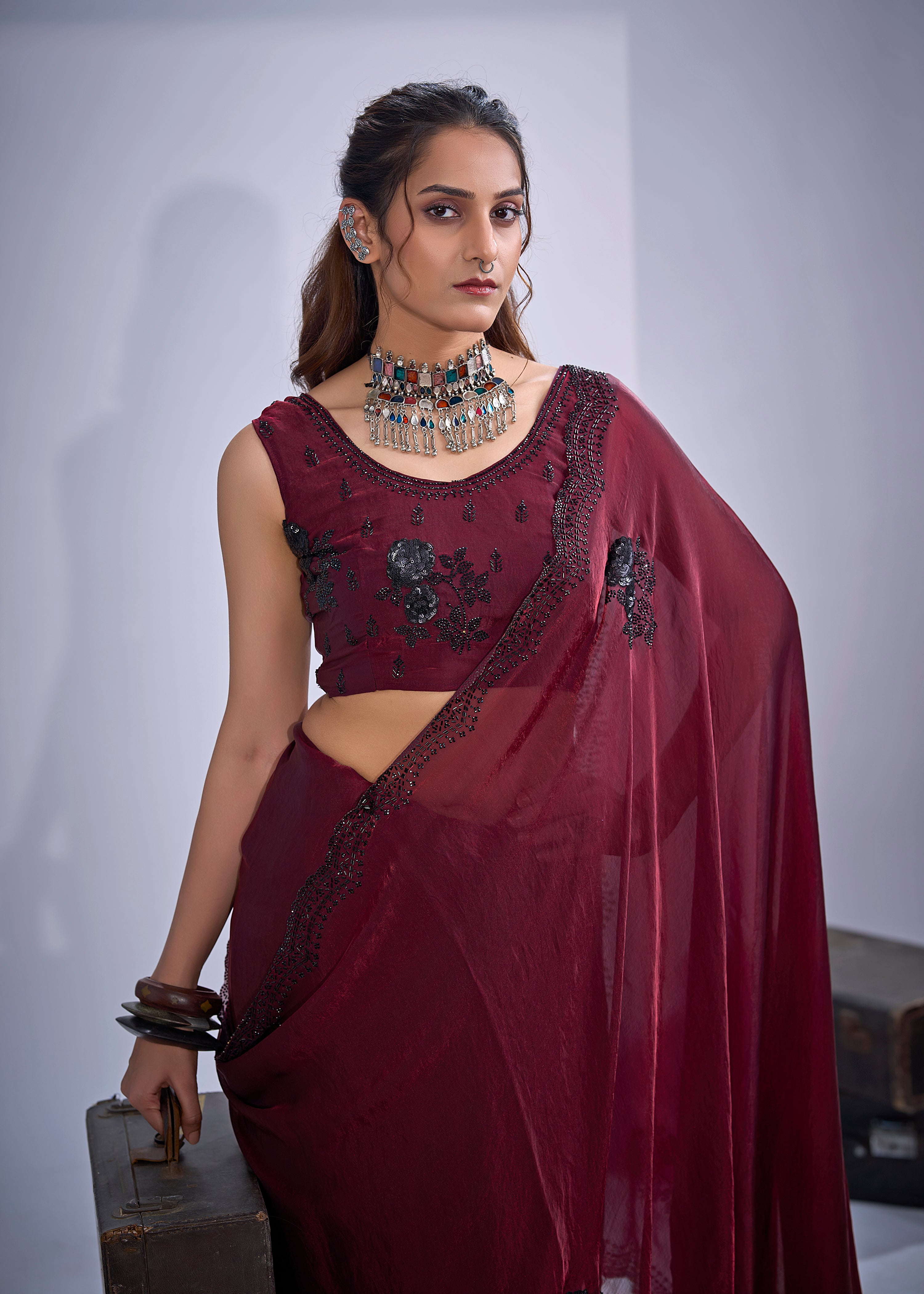Deep Wine Embellished Tissue Silk Saree