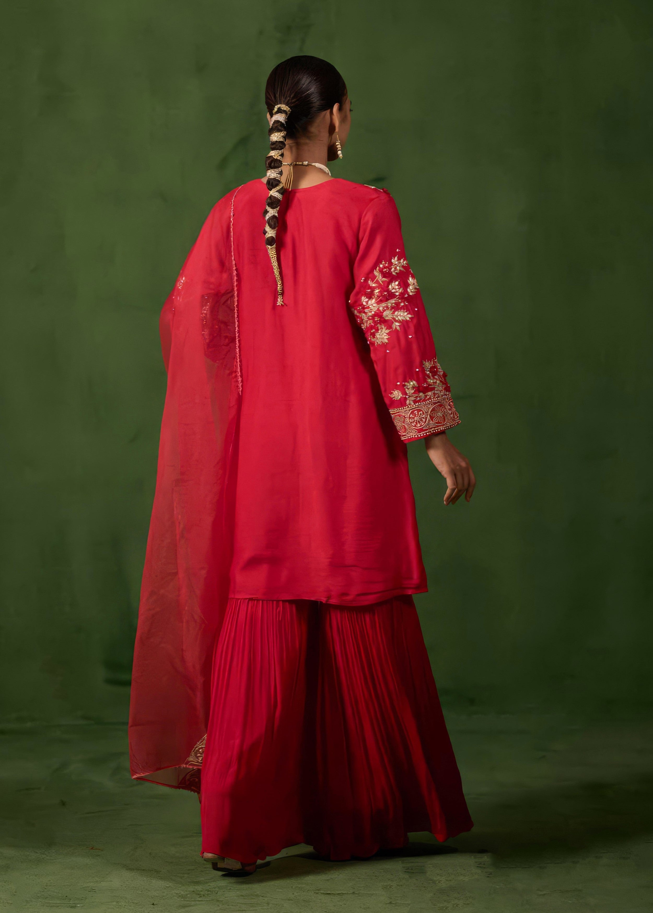 Cherry Red Embellished Raw Silk Sharara Set