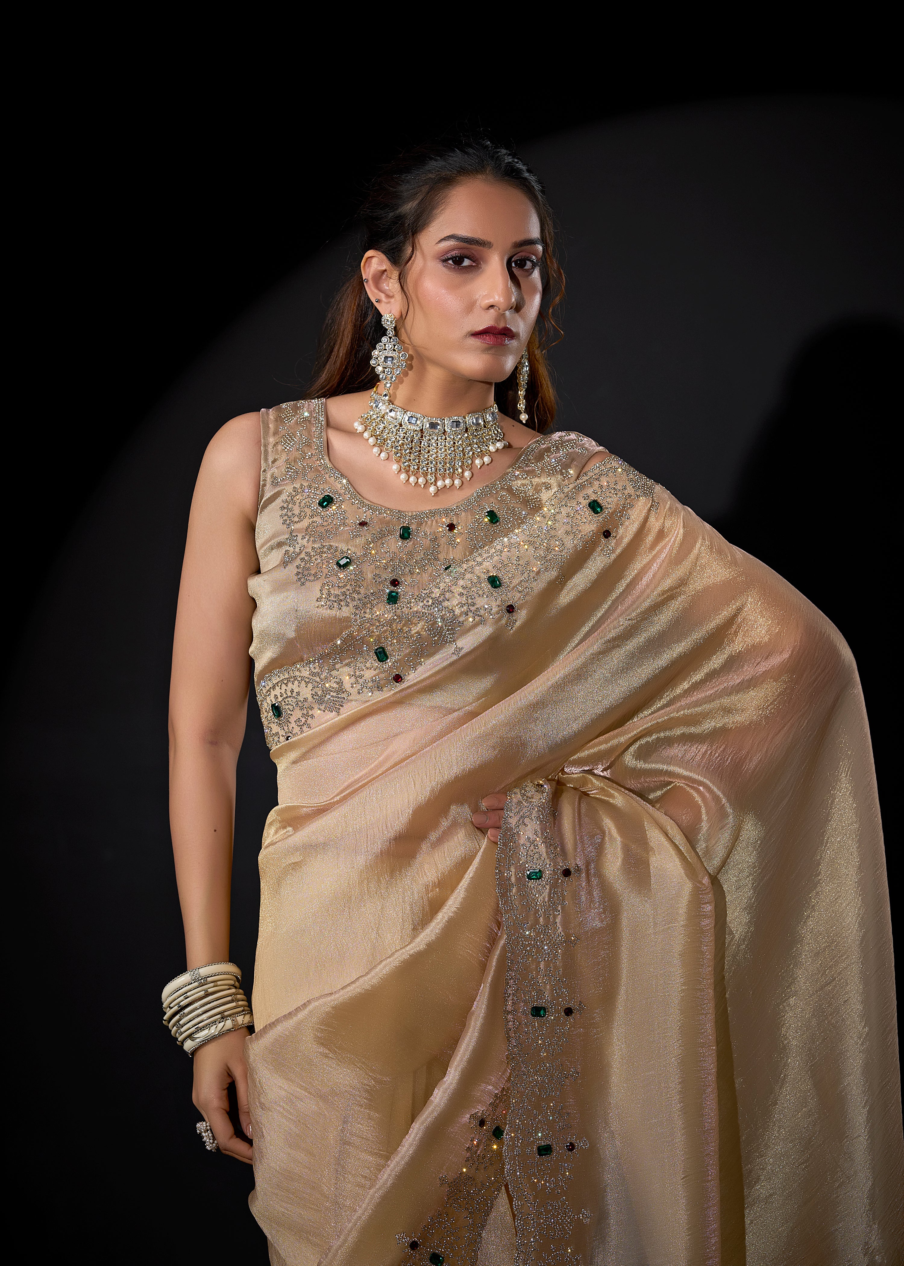 Pale Gold Embellished Shimmer Tissue Silk Saree