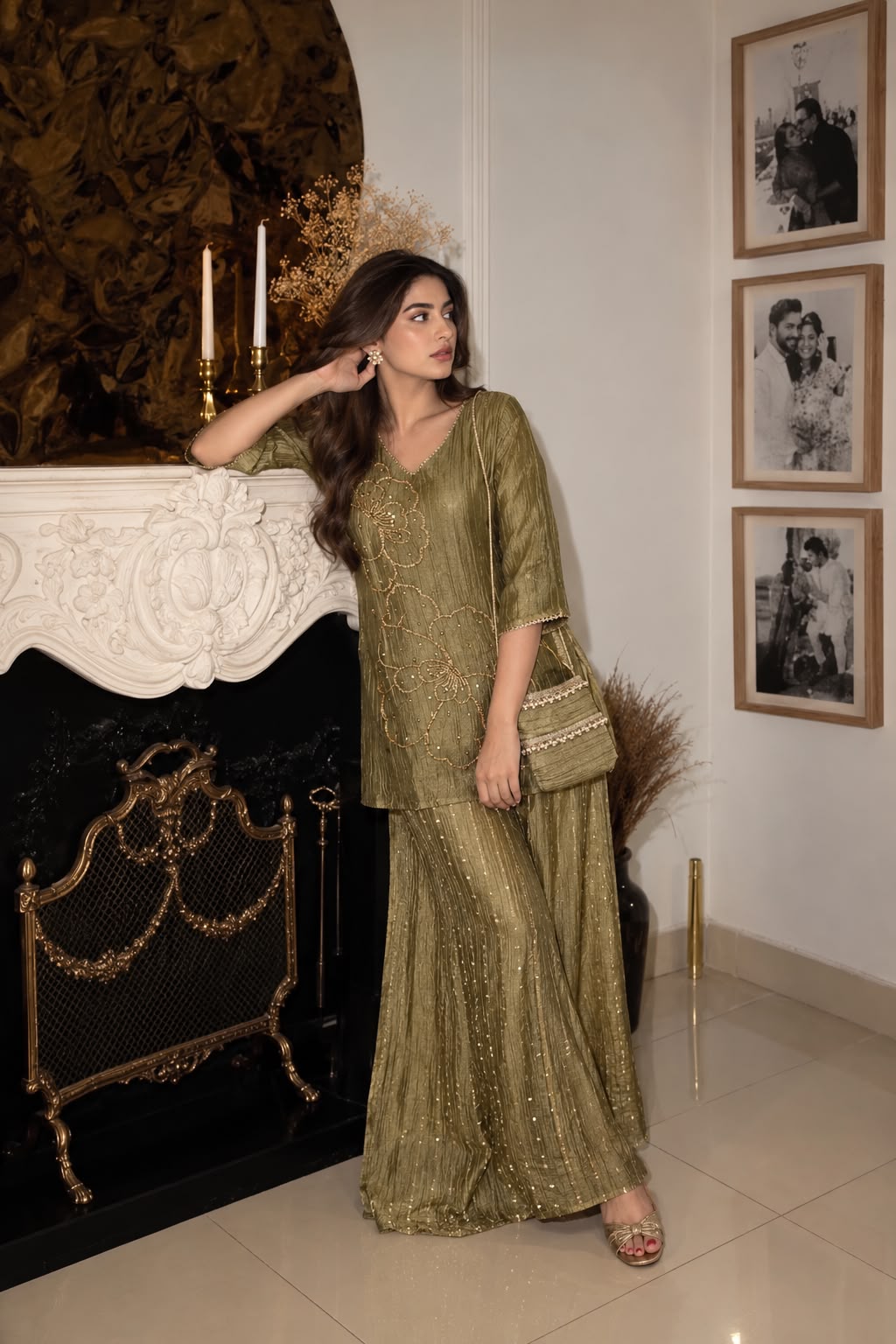Misty Green Embellished Shimmer Tissue Silk Palazzo Set