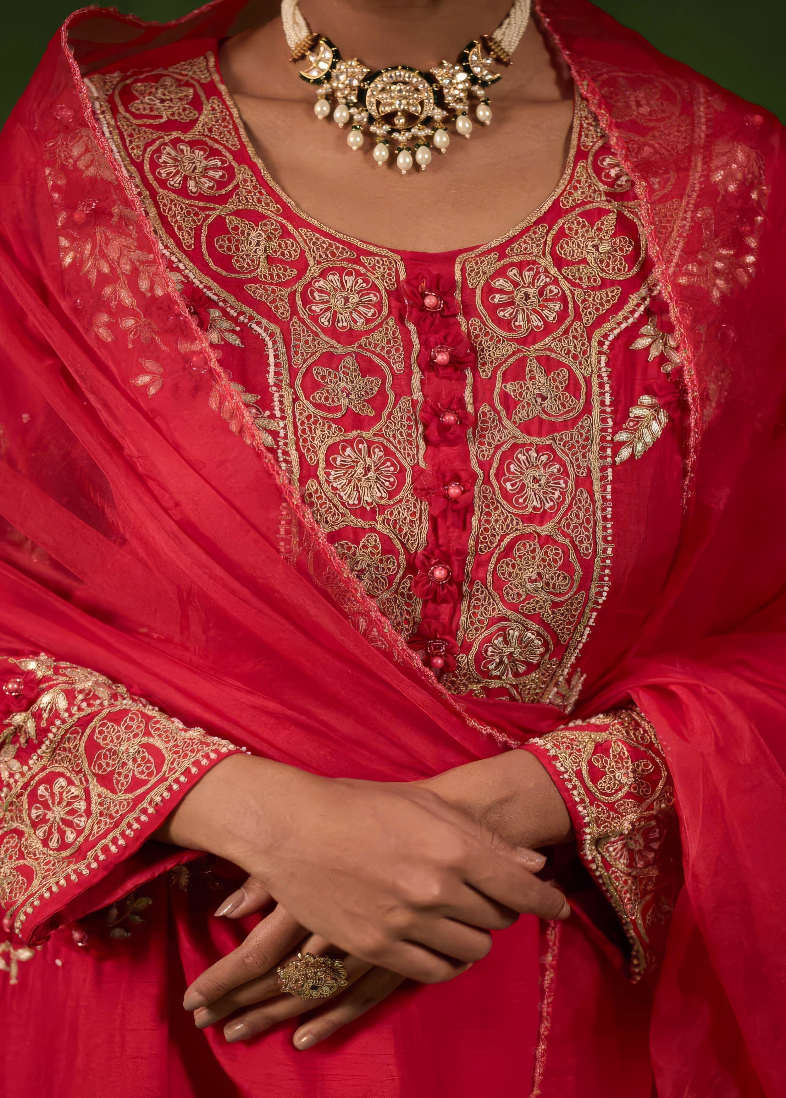 Cherry Red Embellished Raw Silk Sharara Set