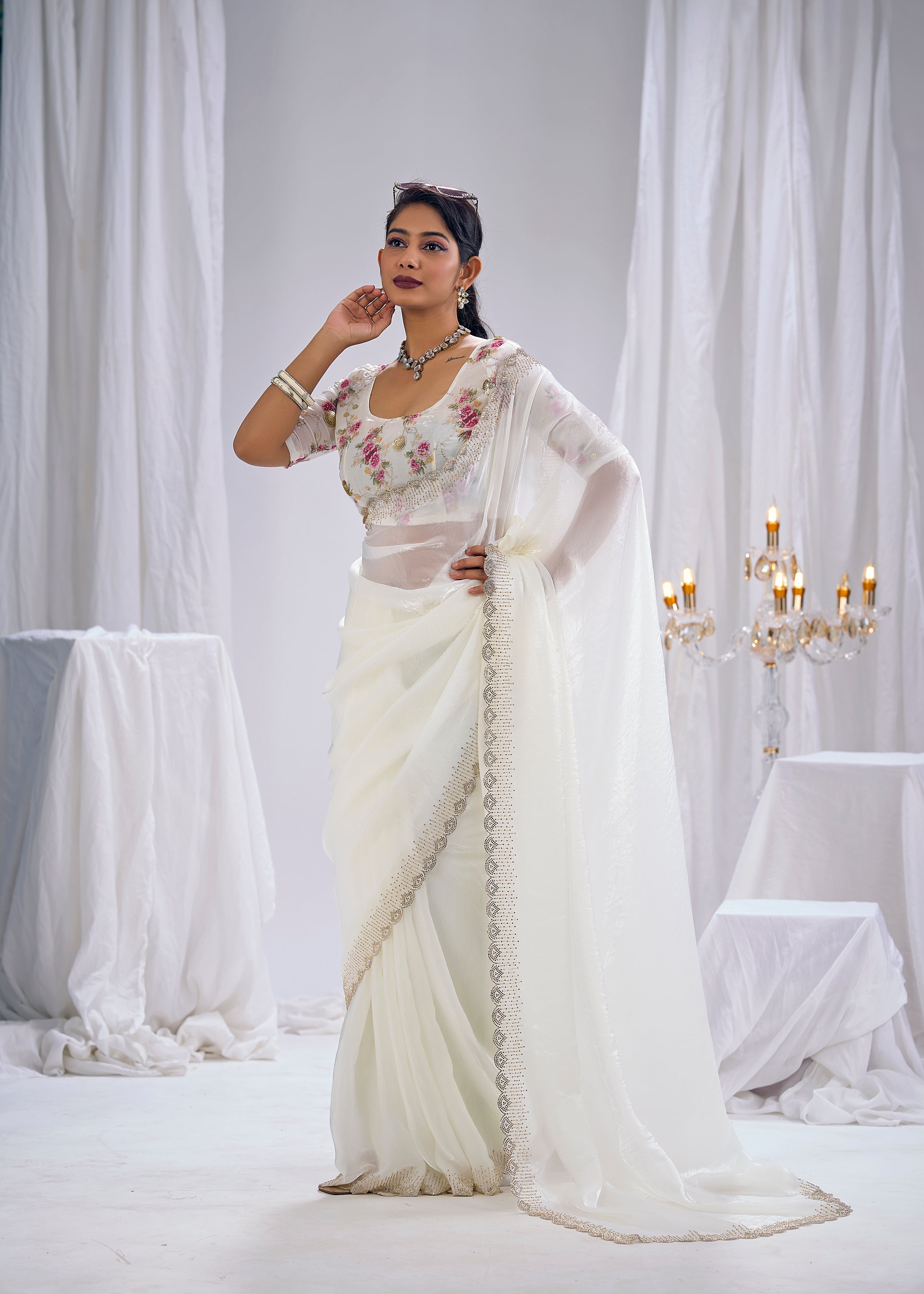 Pearl White Embellished Tissue Silk Saree