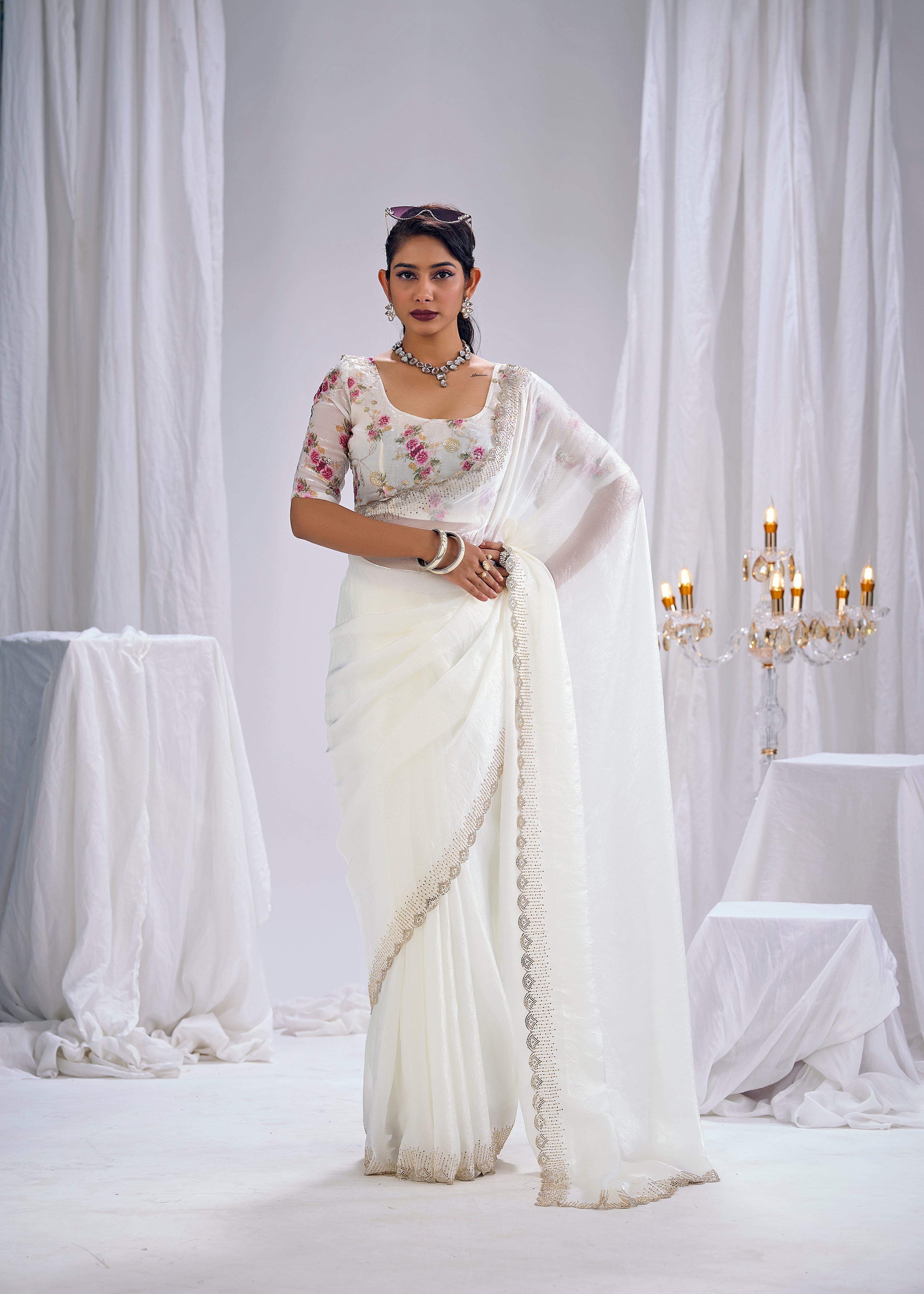 Pearl White Embellished Tissue Silk Saree
