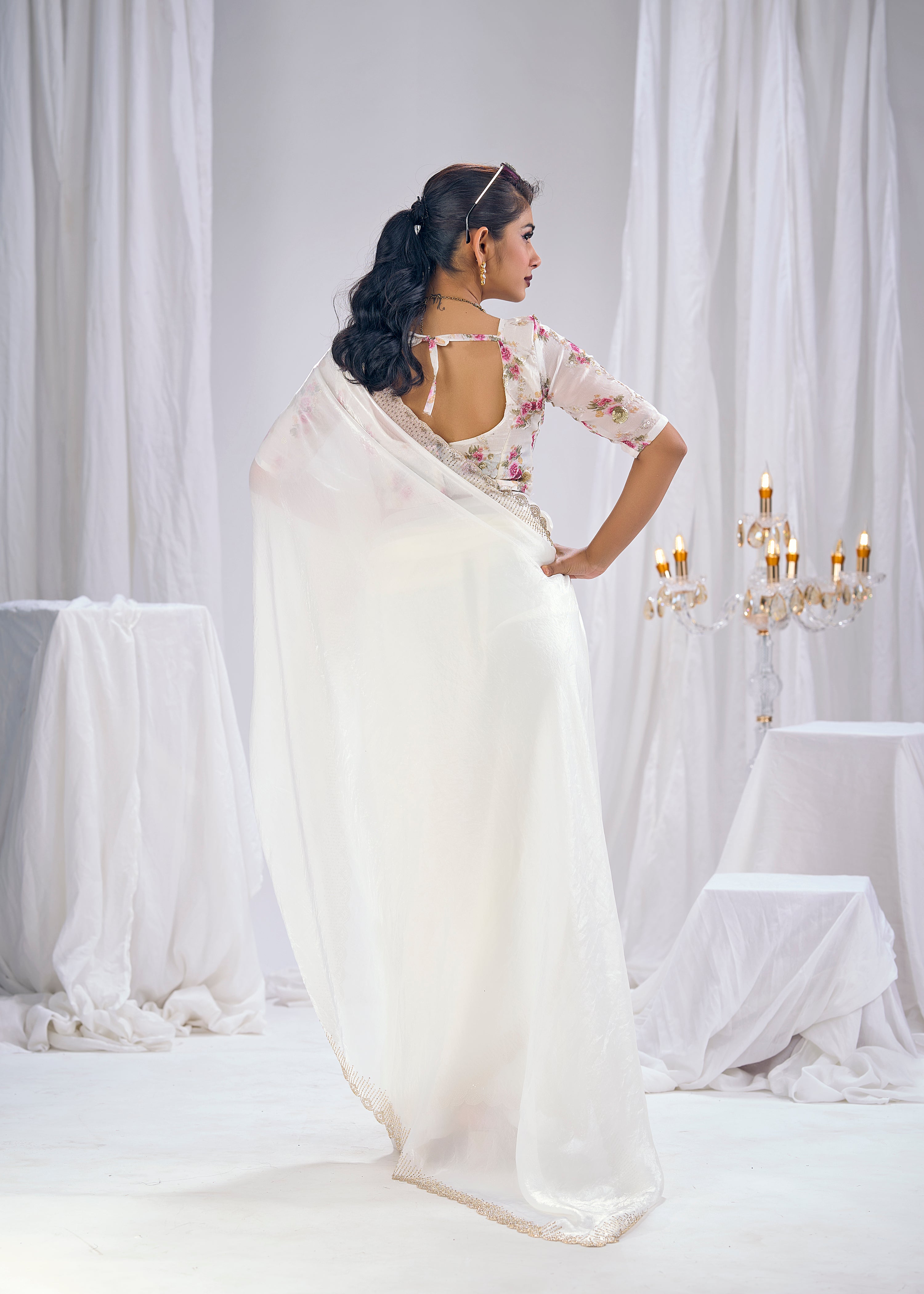 Pearl White Embellished Tissue Silk Saree