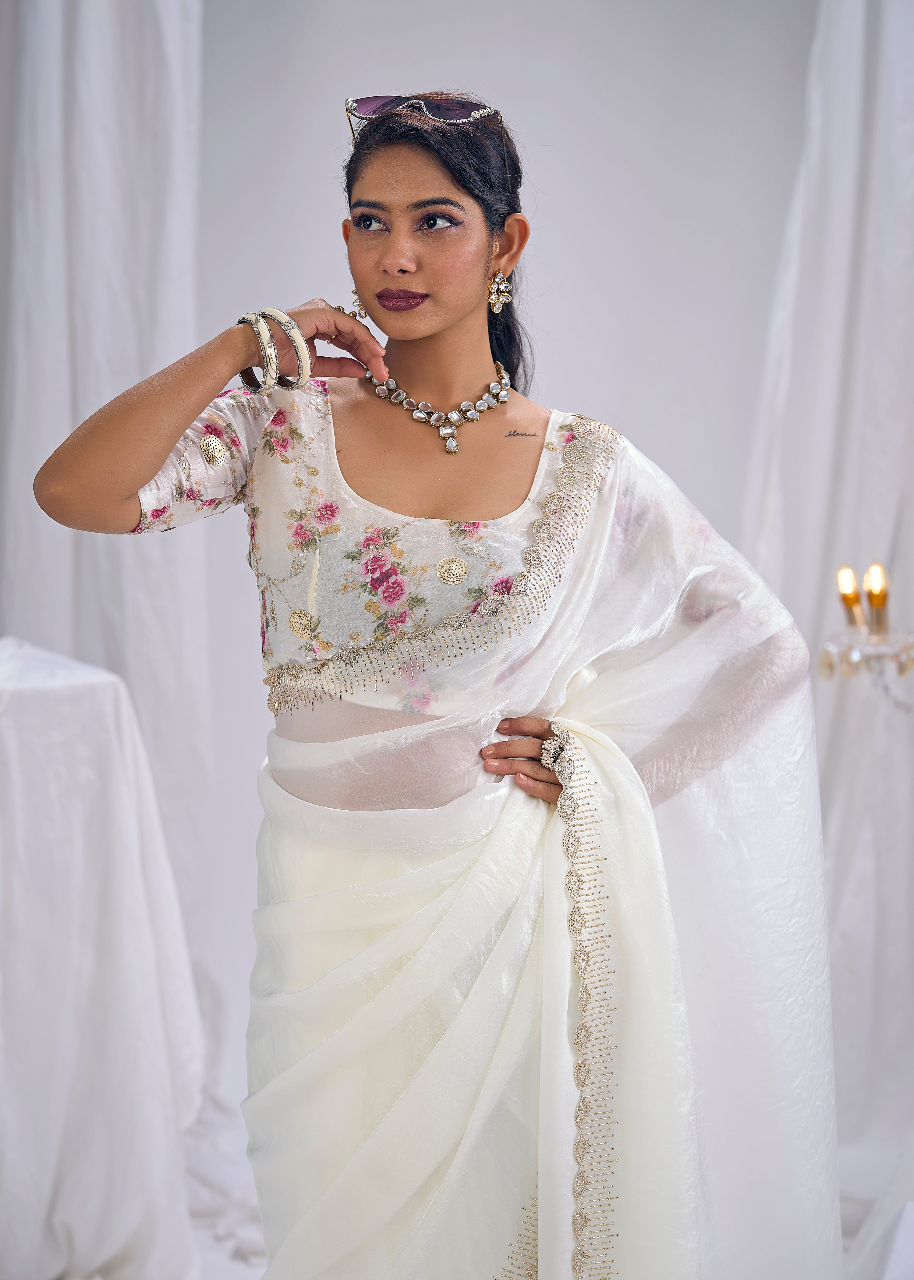 Pearl White Embellished Tissue Silk Saree