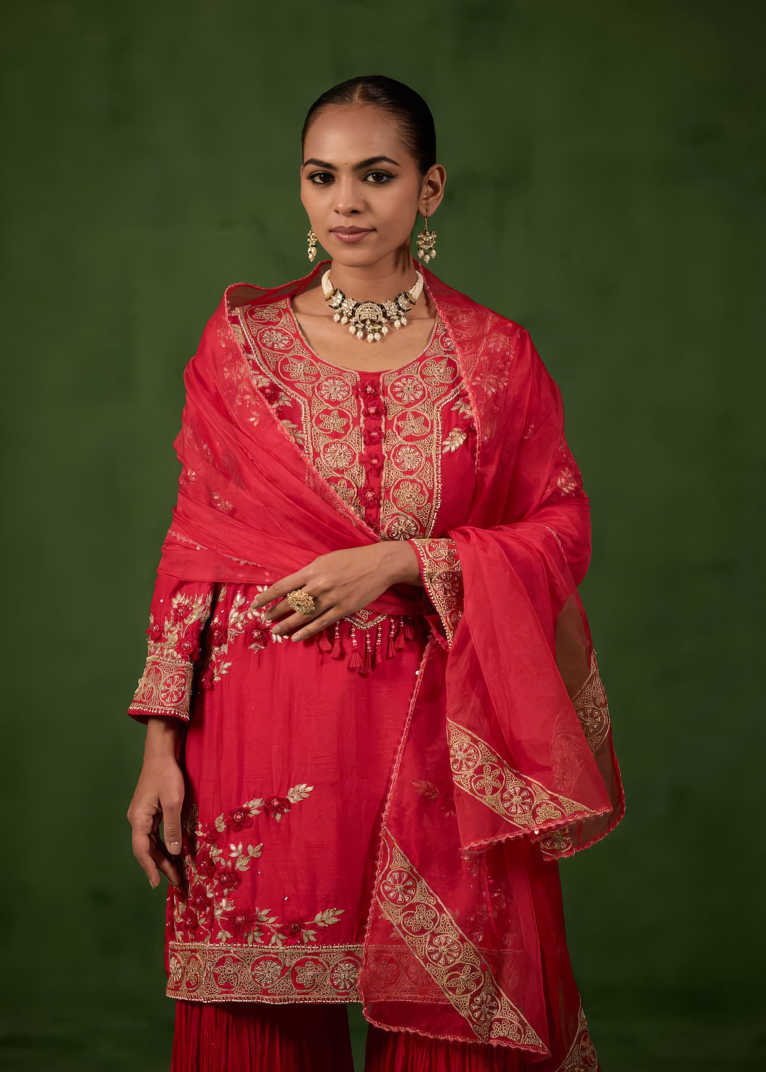 Cherry Red Embellished Raw Silk Sharara Set