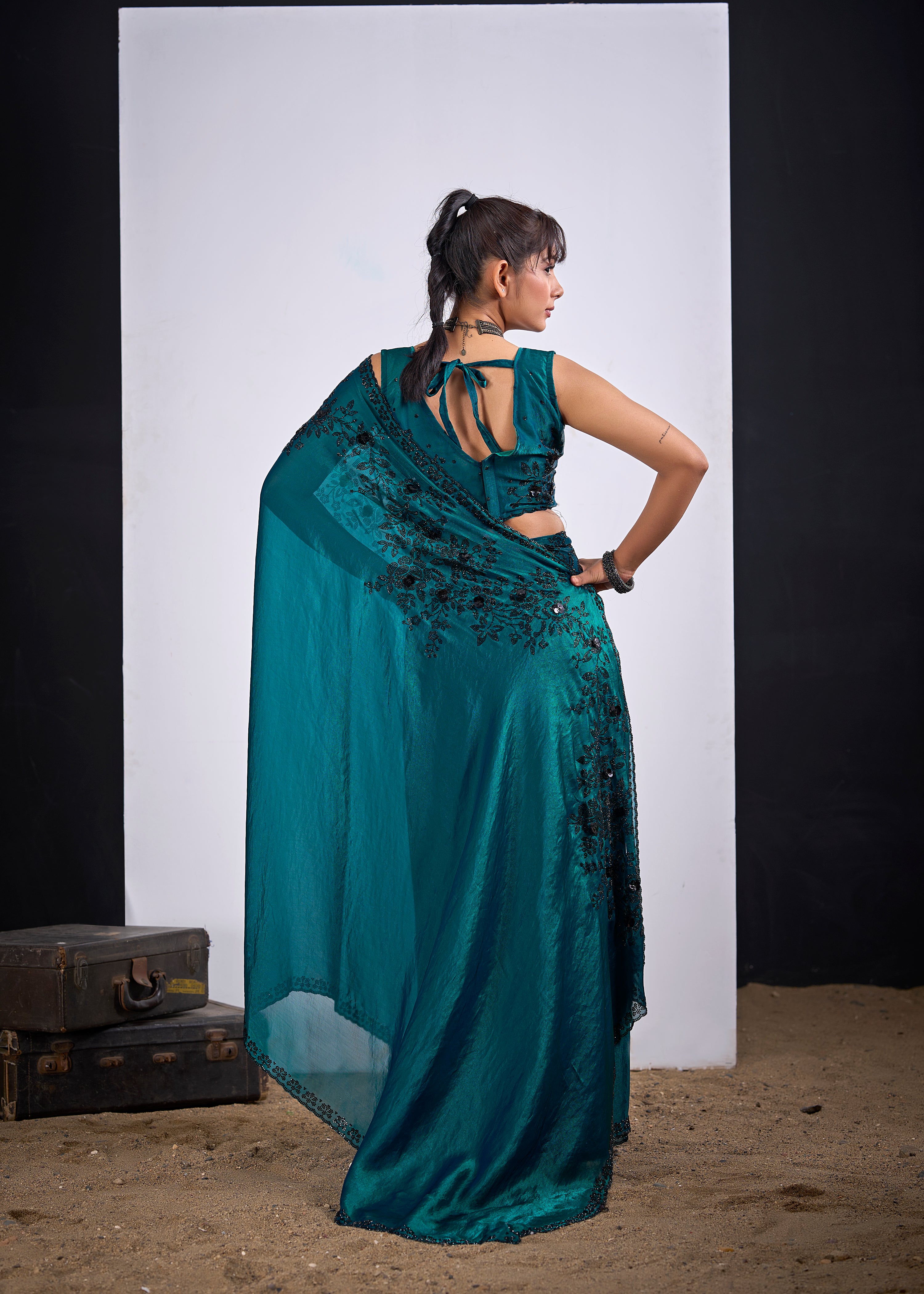Teal Blue Floral Embellished Tissue Silk Saree