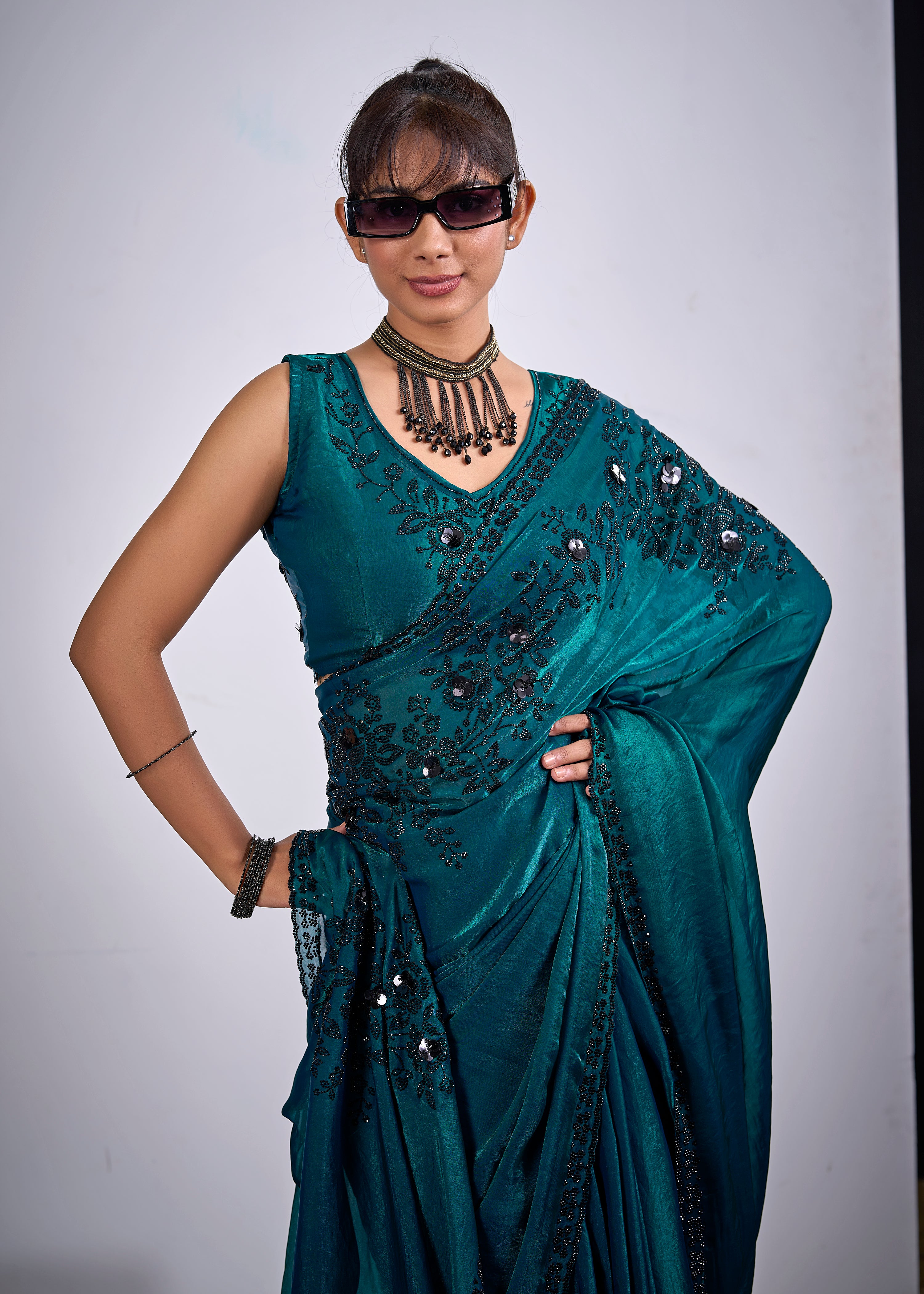 Teal Blue Floral Embellished Tissue Silk Saree