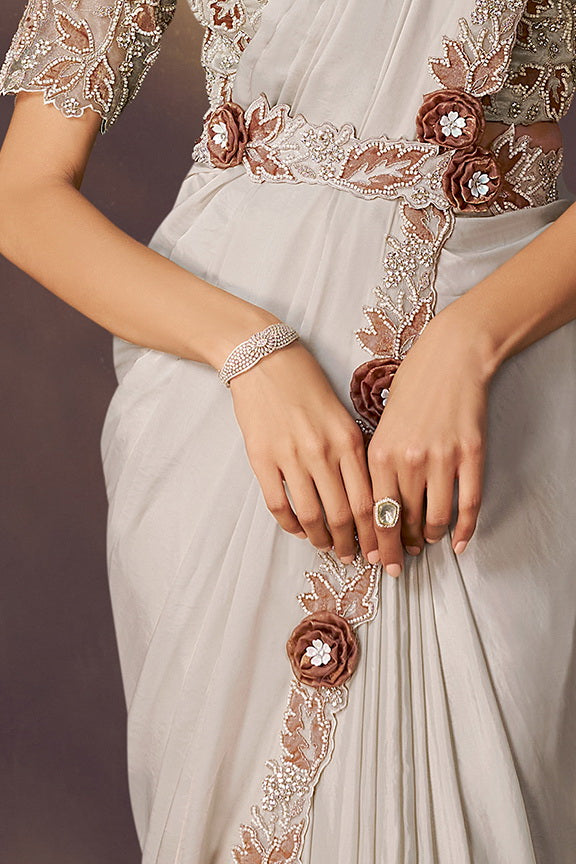 White Smoke Embellished Satin Silk Saree