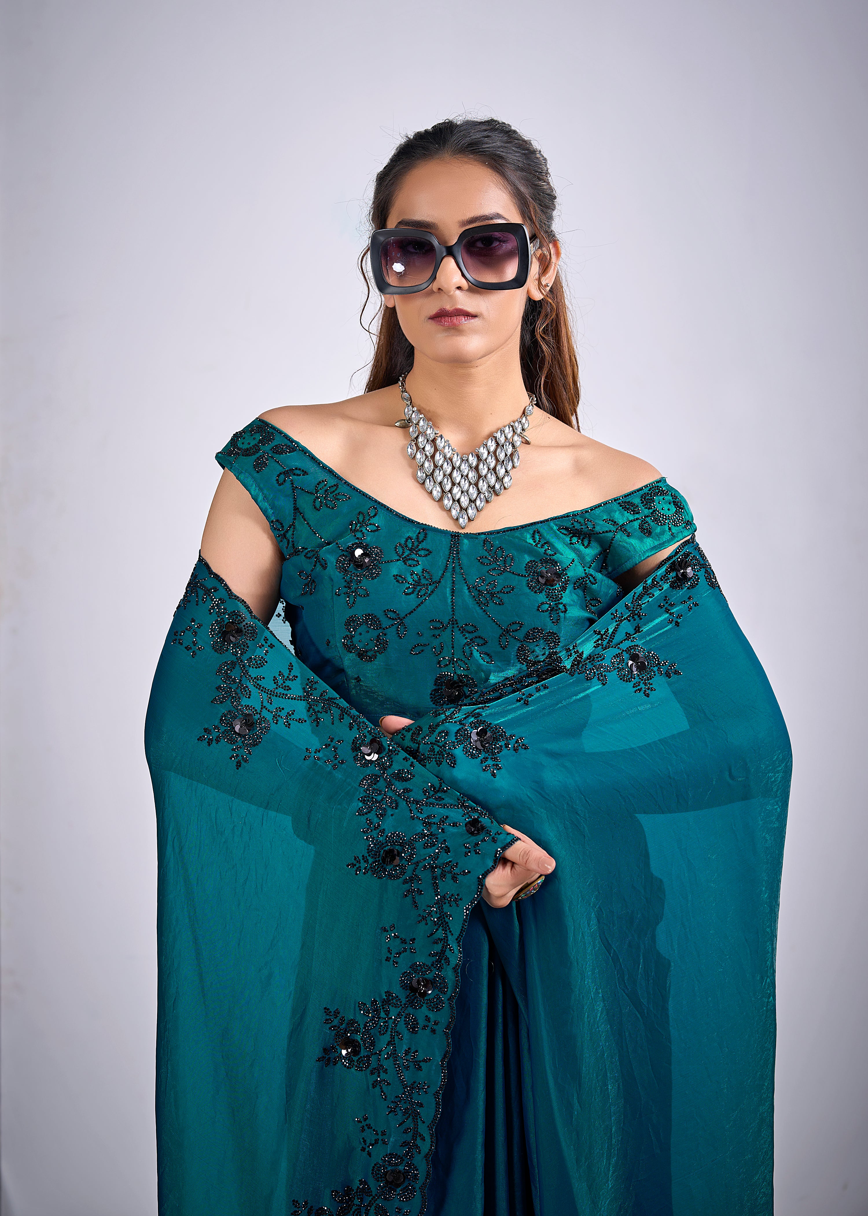 Teal Blue Embellished Satin Silk Saree