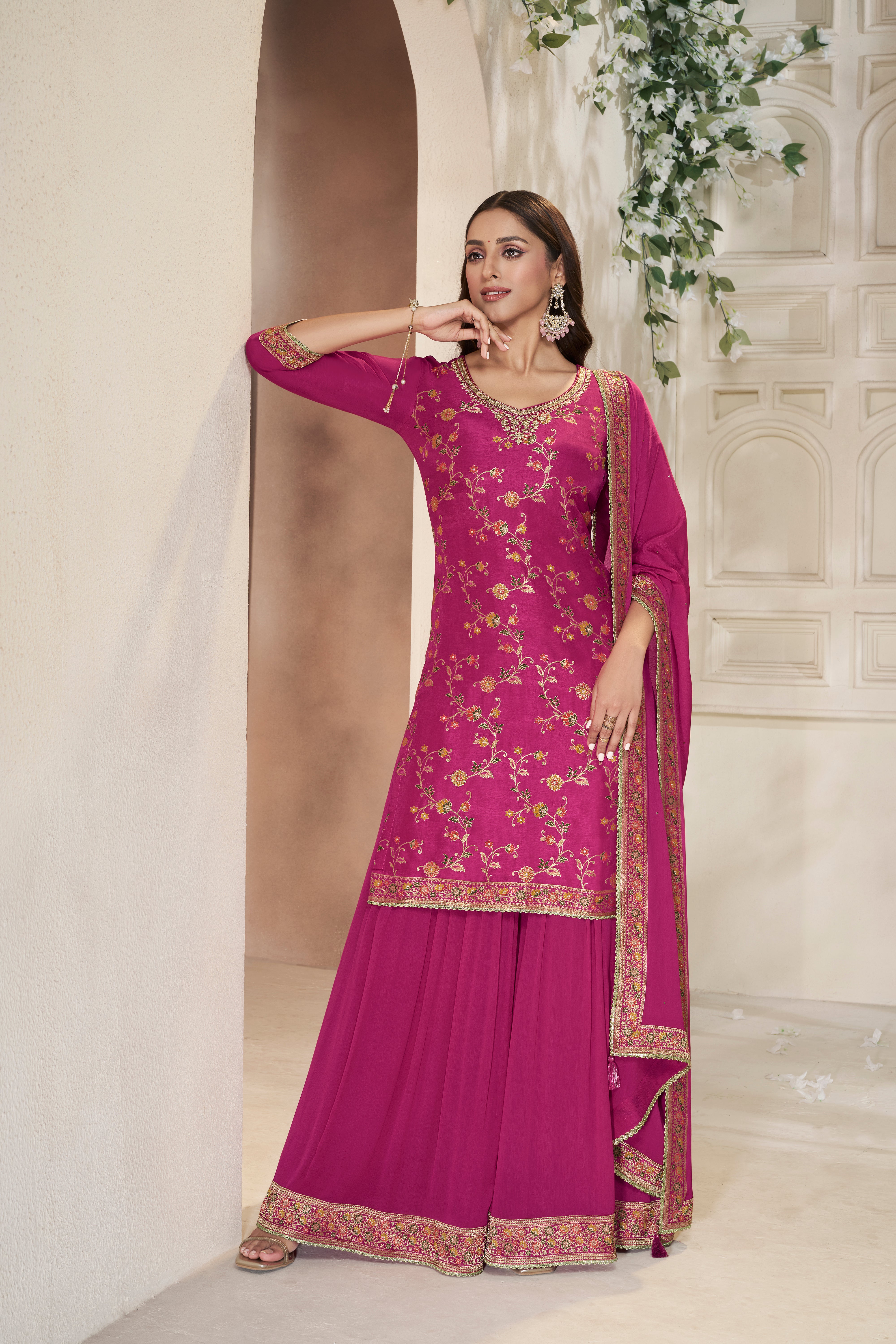 Rani Pink Embellished Banarasi Silk Palazzo Set