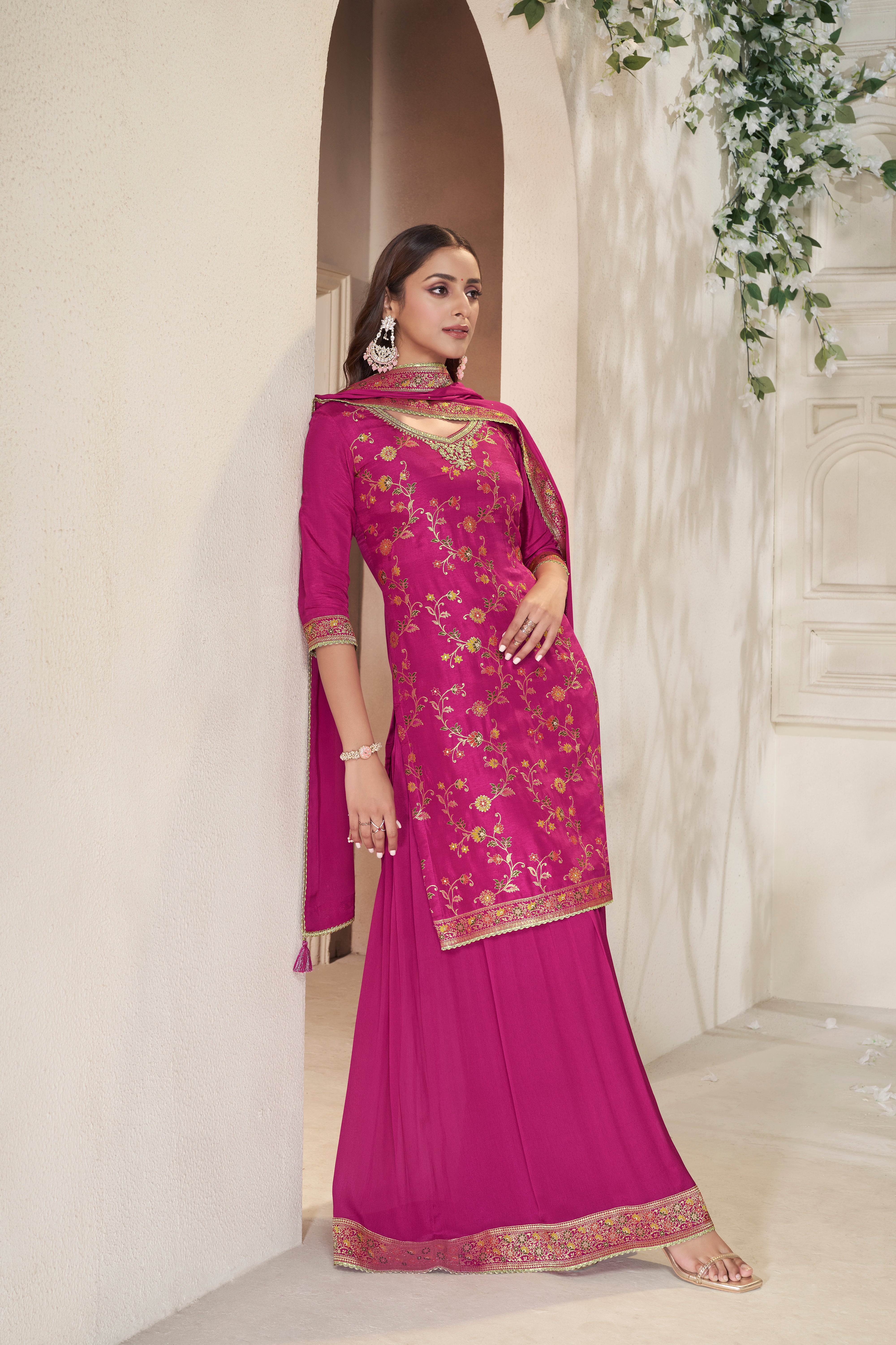 Rani Pink Embellished Banarasi Silk Palazzo Set