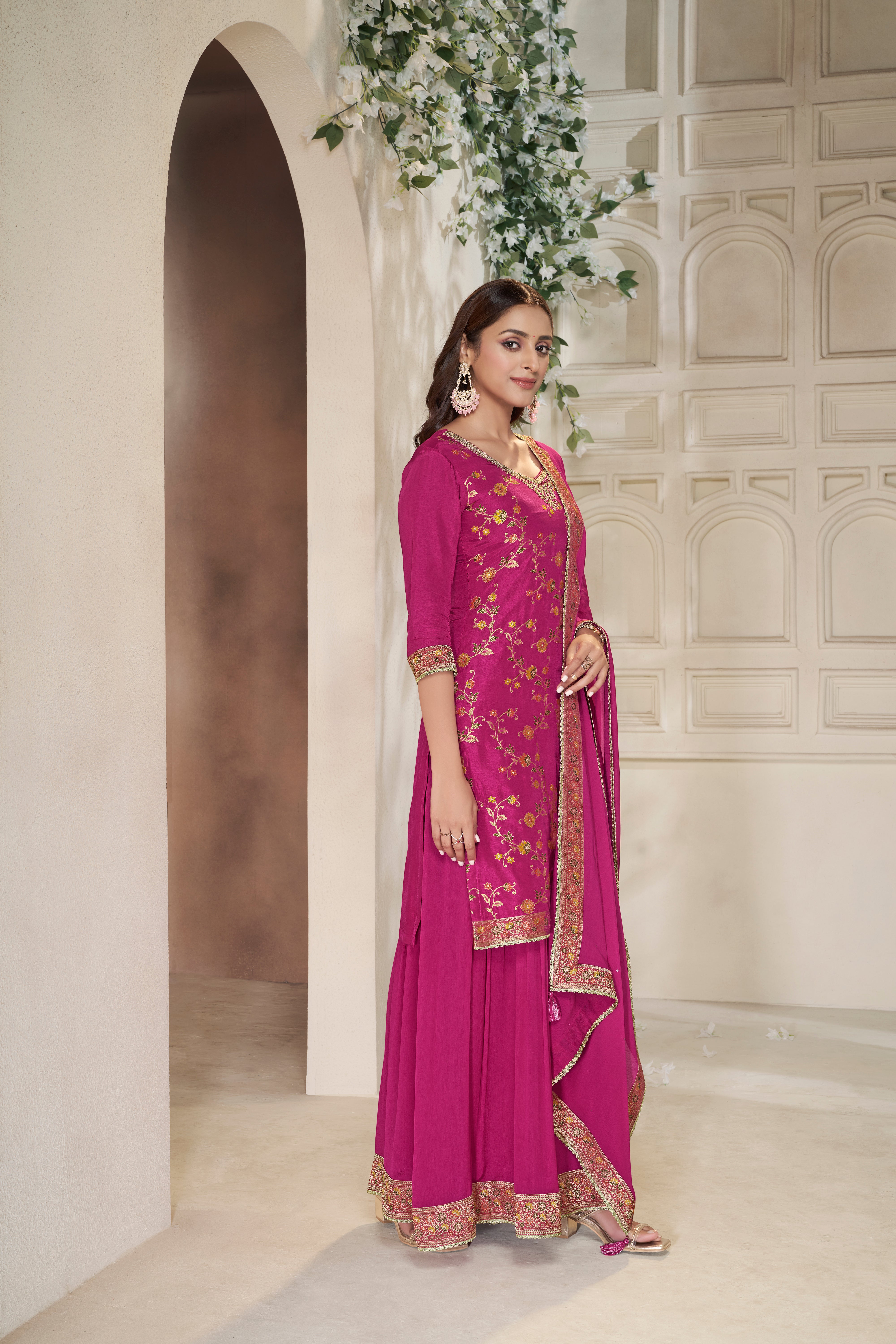 Rani Pink Embellished Banarasi Silk Palazzo Set