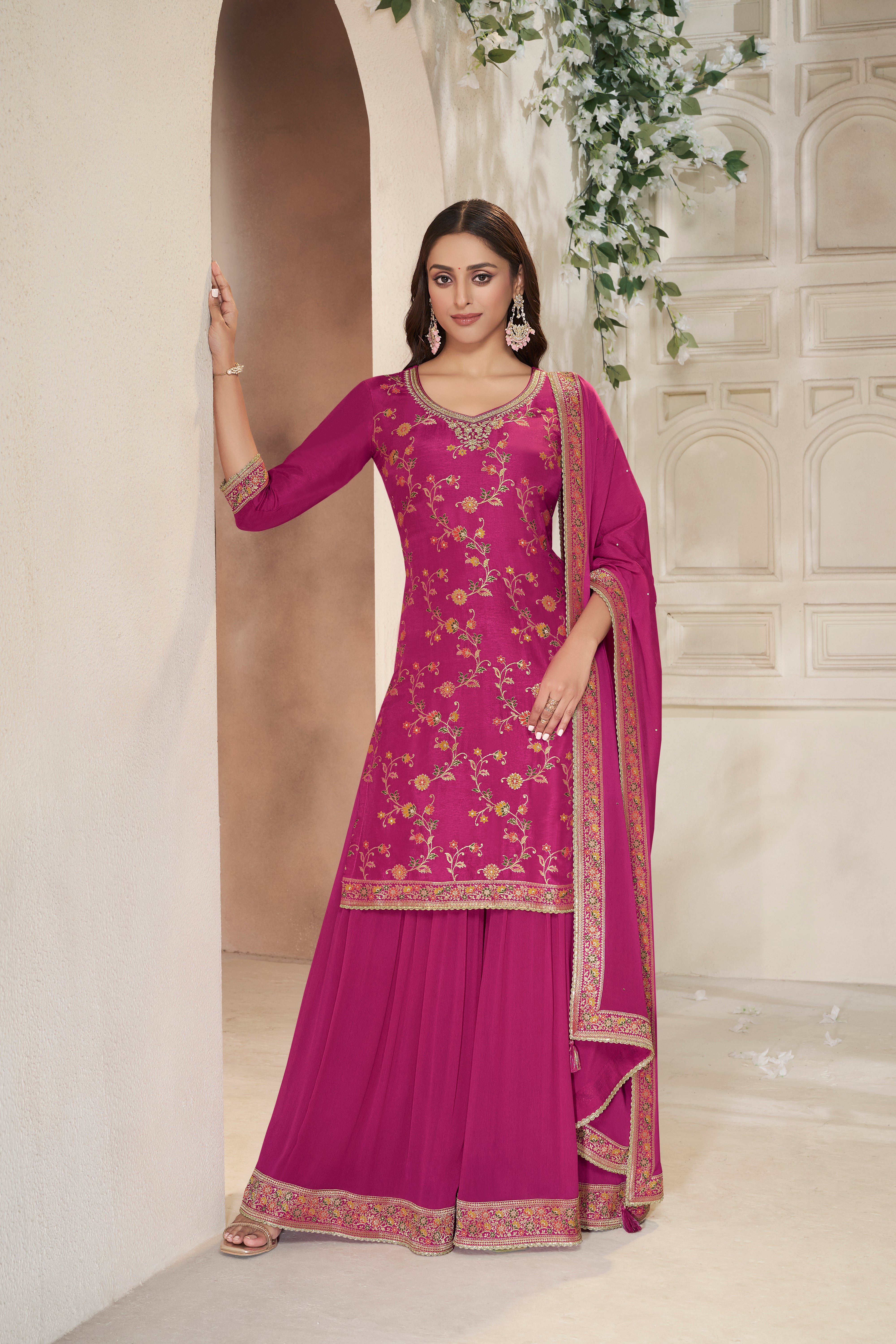 Rani Pink Embellished Banarasi Silk Palazzo Set