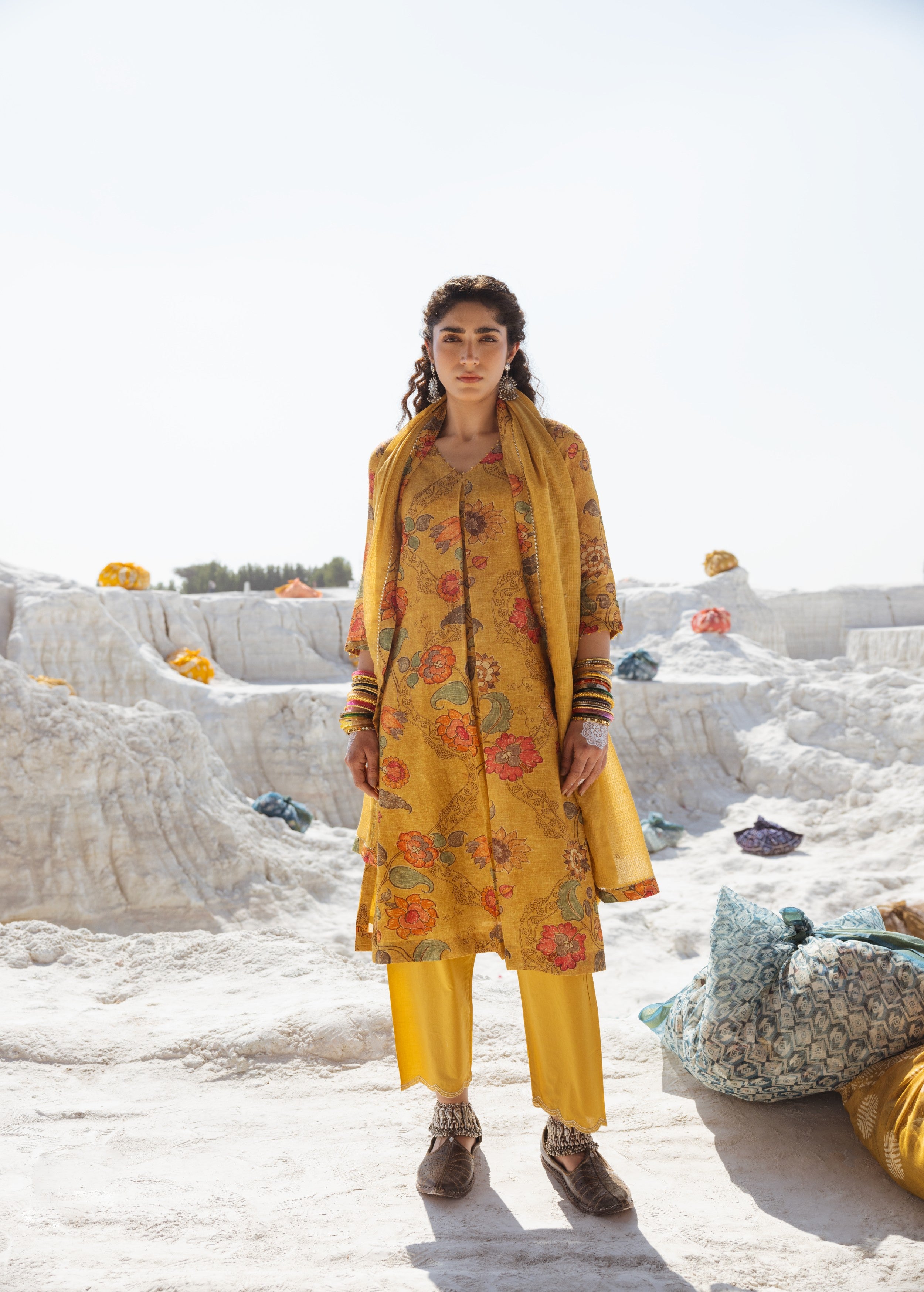 Mustard Yellow Printed Premium Linen Pant Set