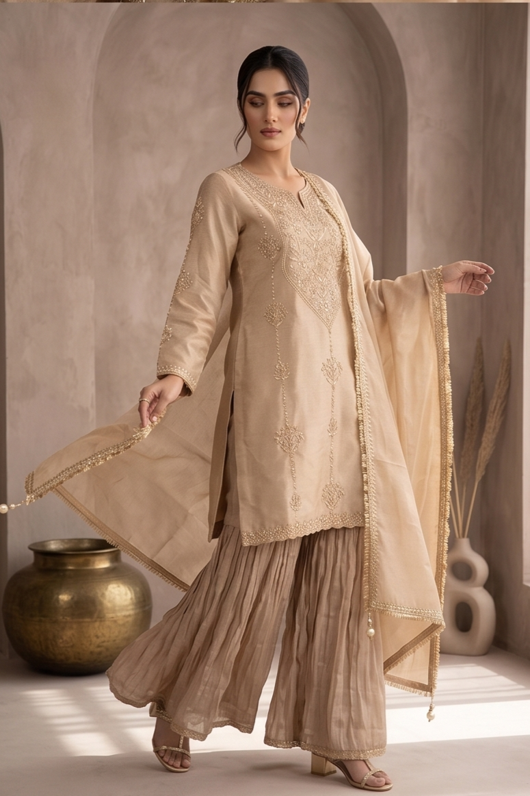 Champagne Beige Tissue Silk Sharara Set