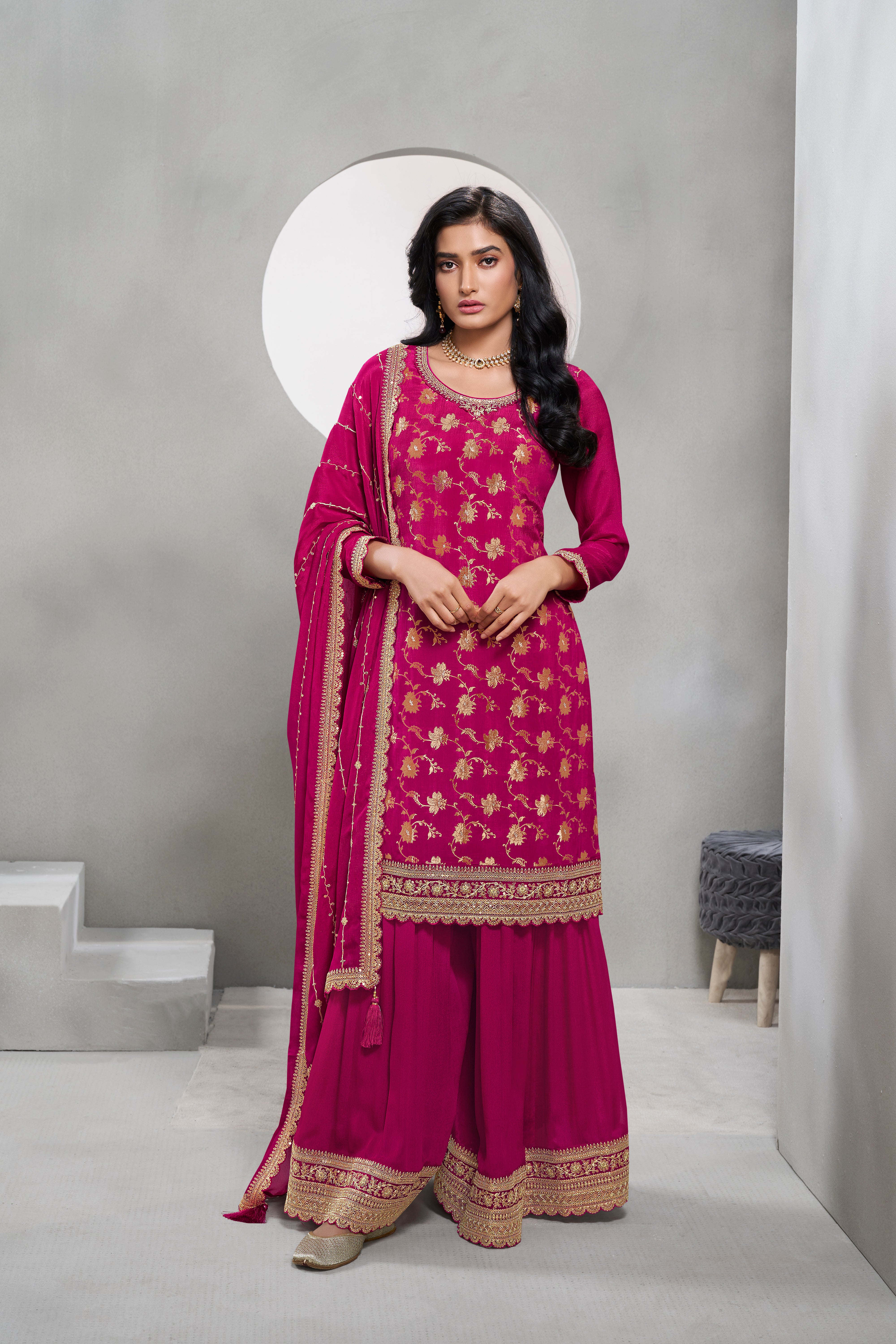 Magenta Pink Chinon Silk Kurta & Palazzo Set