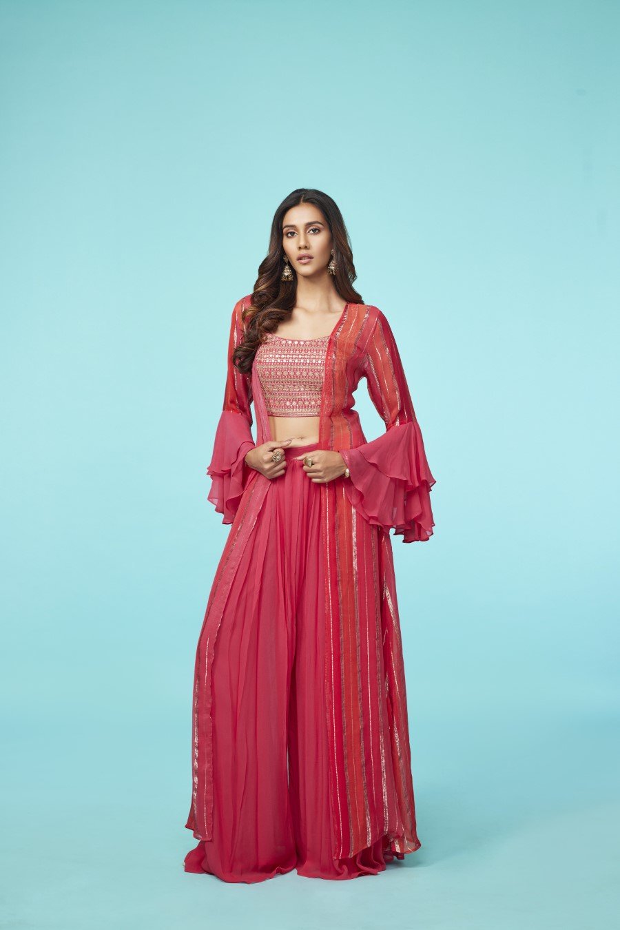 Cerise Pink Embellished Cape Set with Palazzo