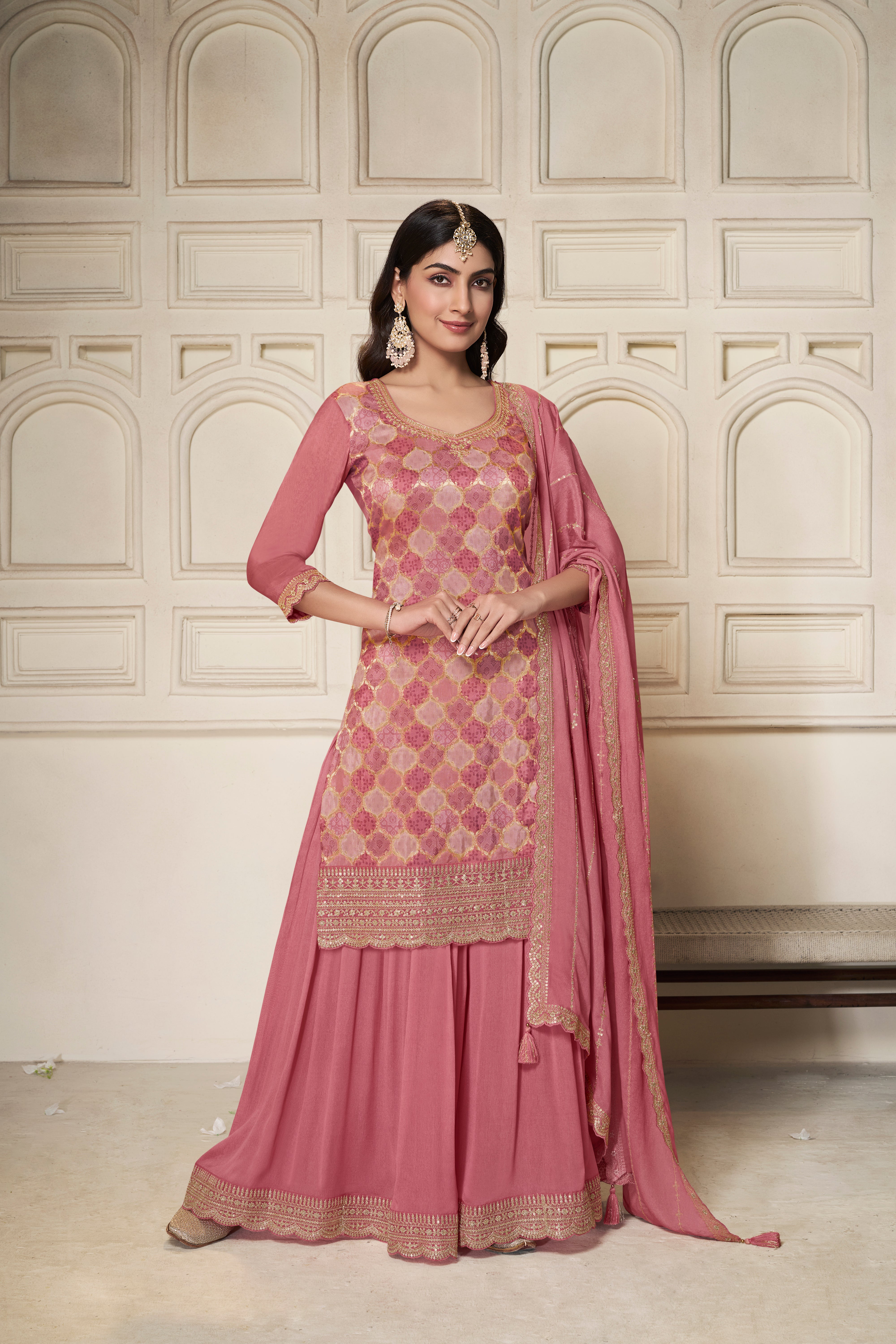 Peachy Pink Embellished Banarasi Silk Palazzo Set