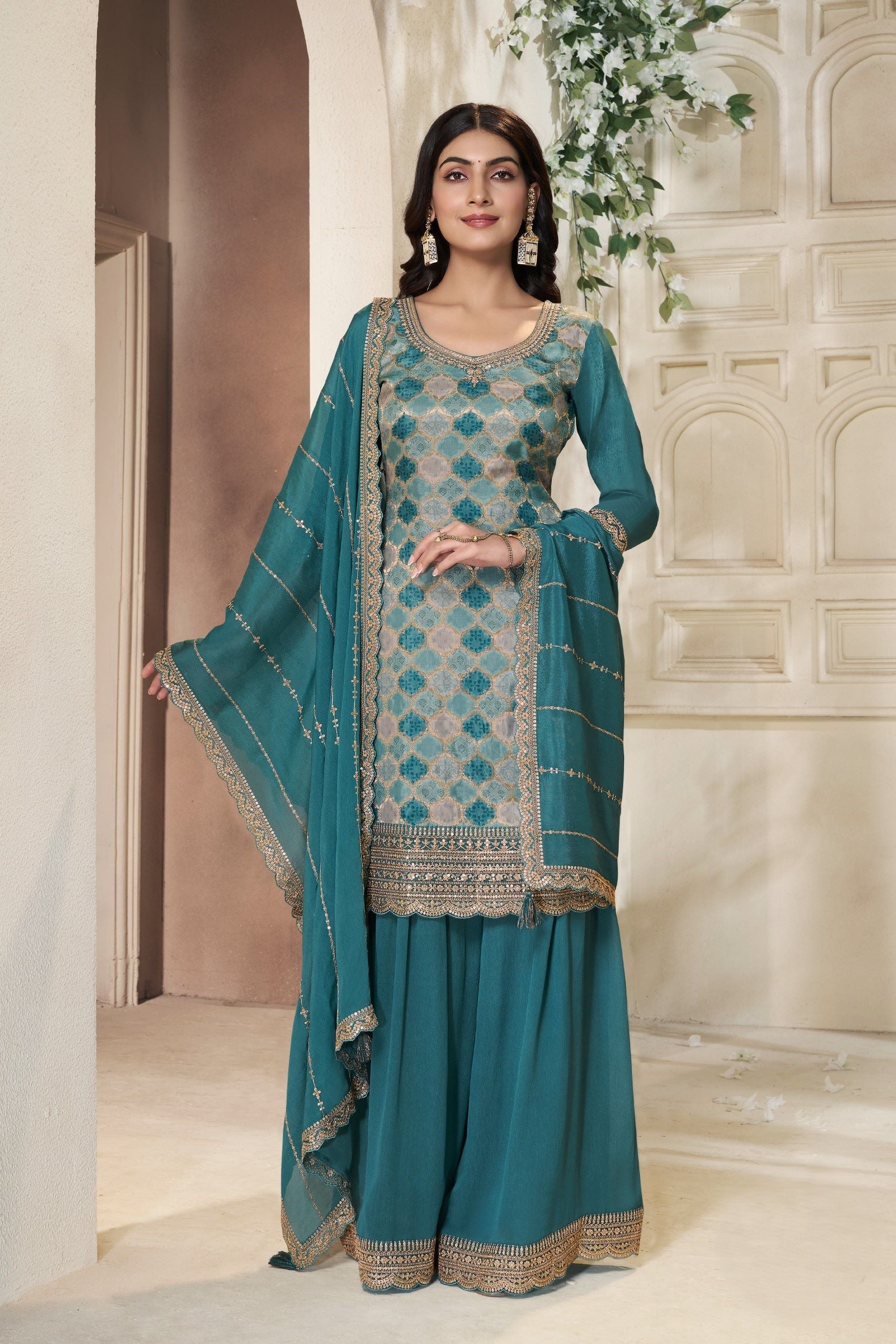 Turquoise Embellished Banarasi Silk Palazzo Set