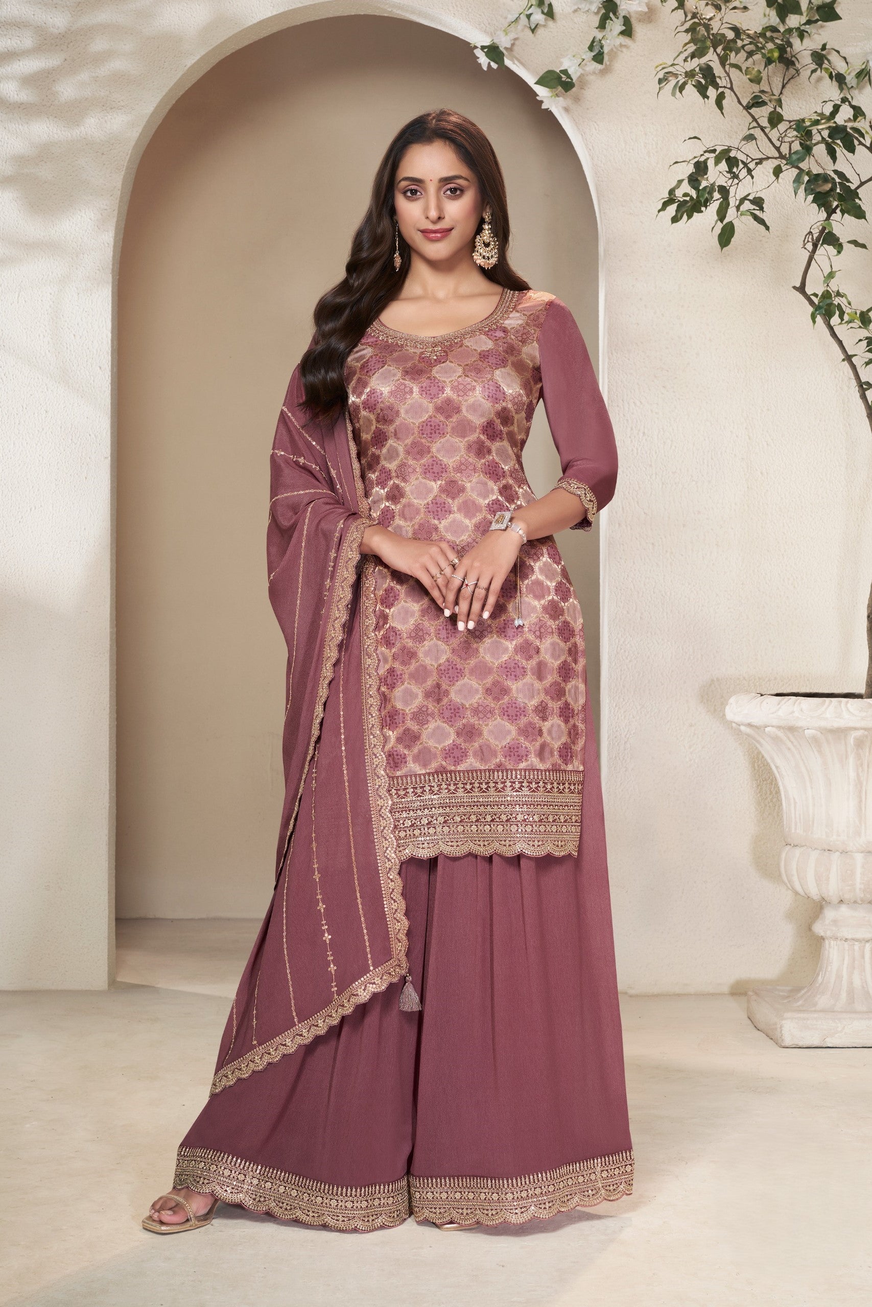 Mauve Embellished Banarasi Silk Palazzo Set