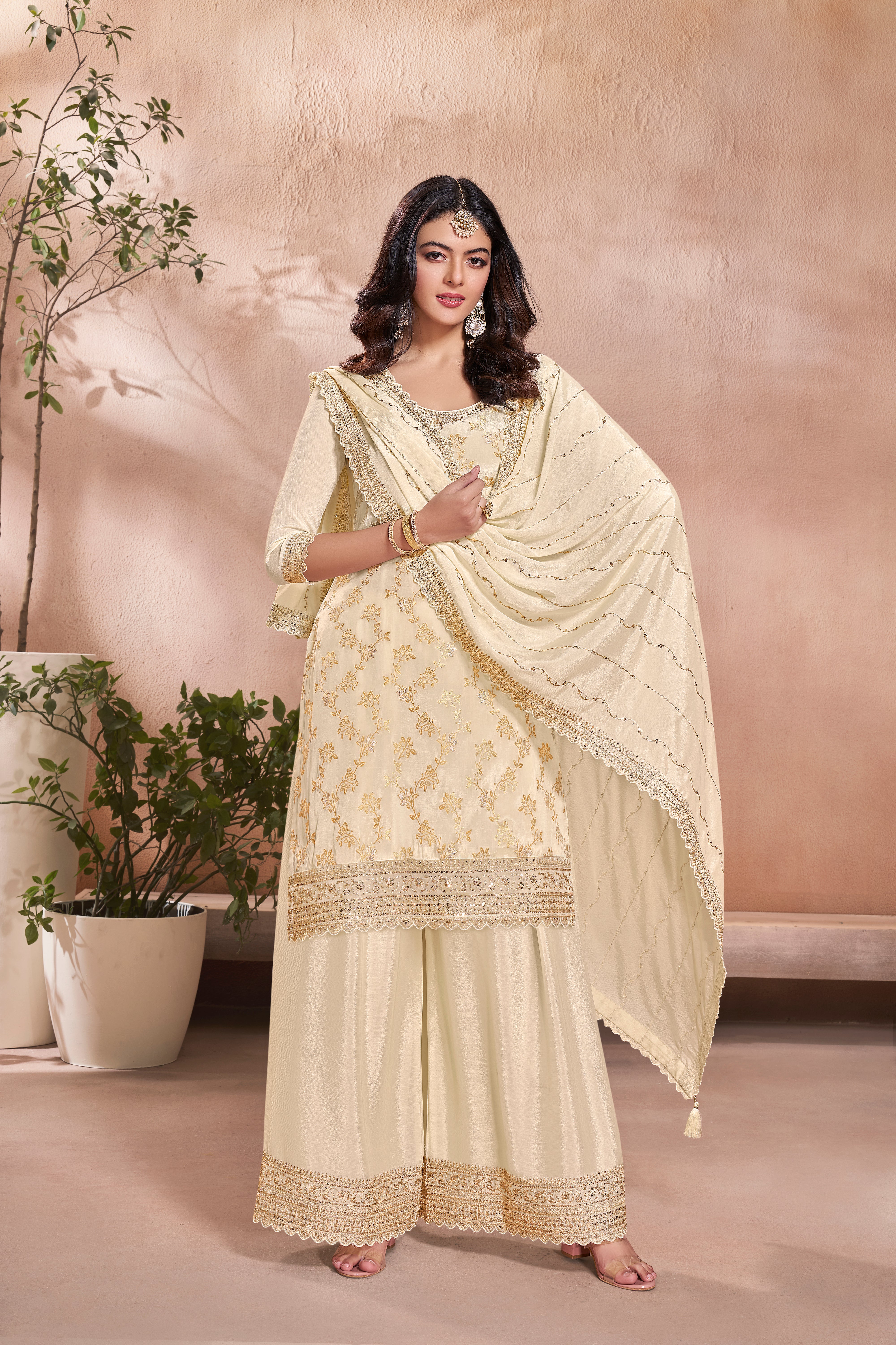 Ivory Beige Golden Handwork Kurta & Palazzo Set