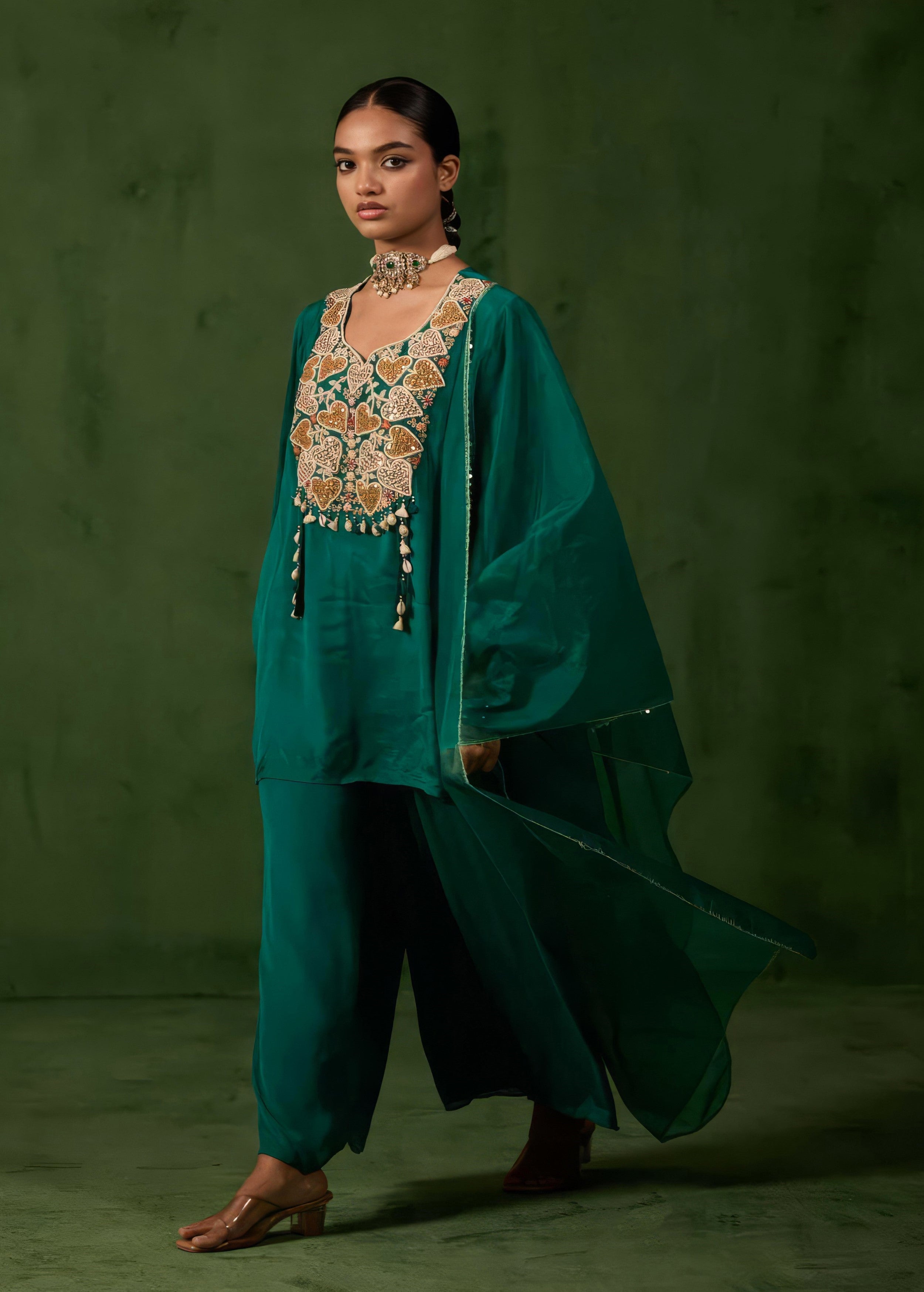 Teal Green Embellished Chinon Silk Palazzo Set