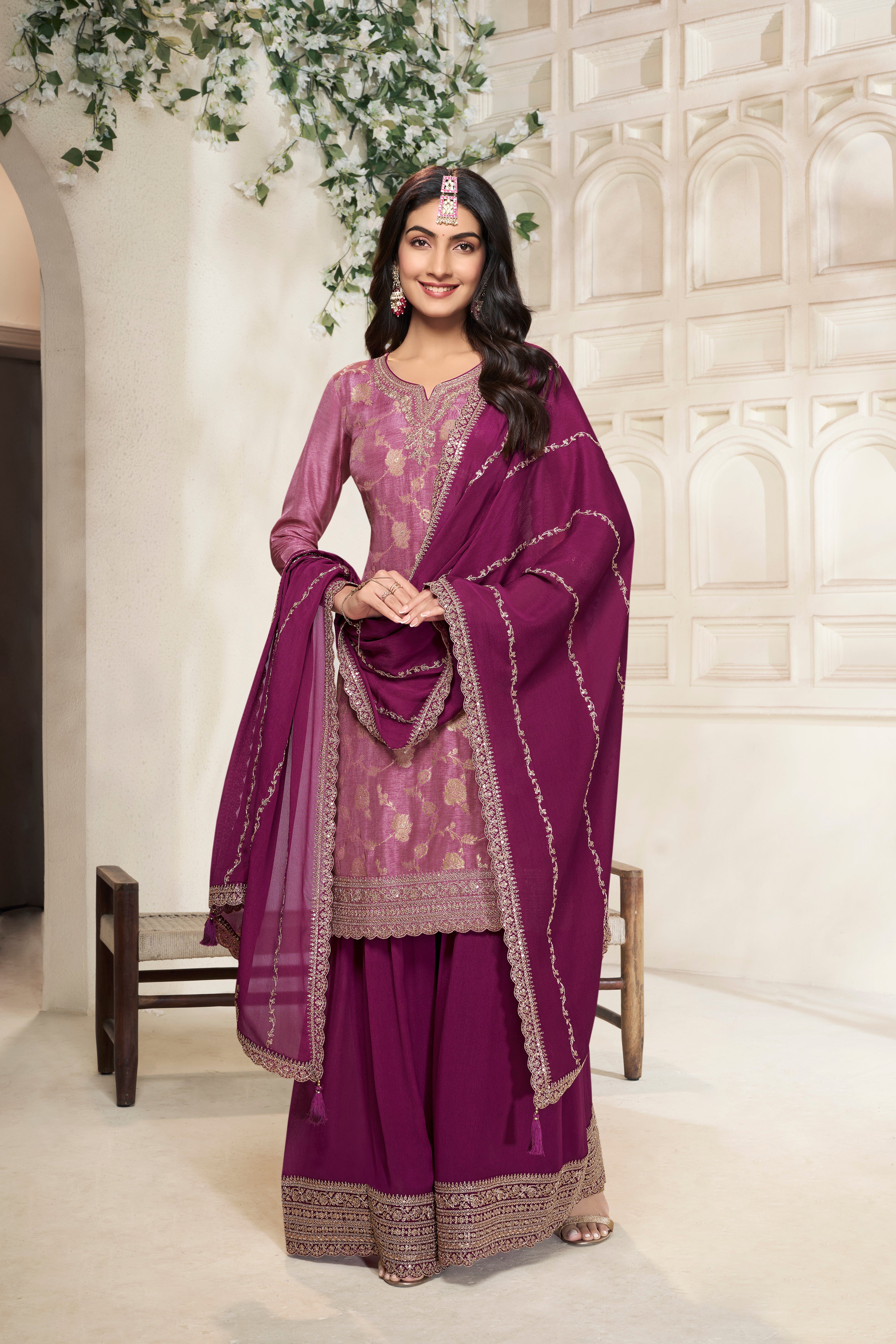 Fine Wine Embellished Banarasi Silk Palazzo Set