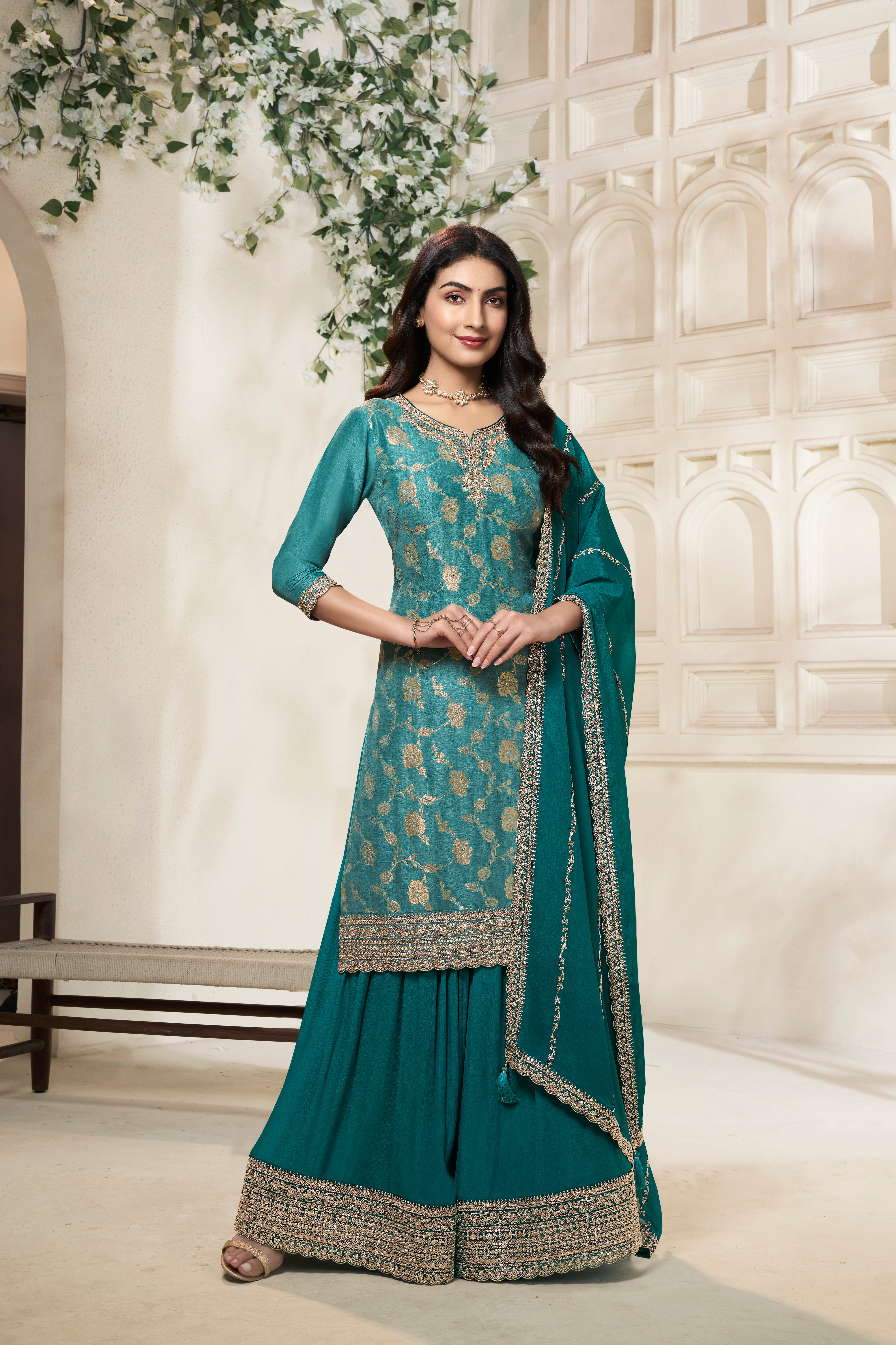 Teal Green Embellished Banarasi Silk Palazzo Set