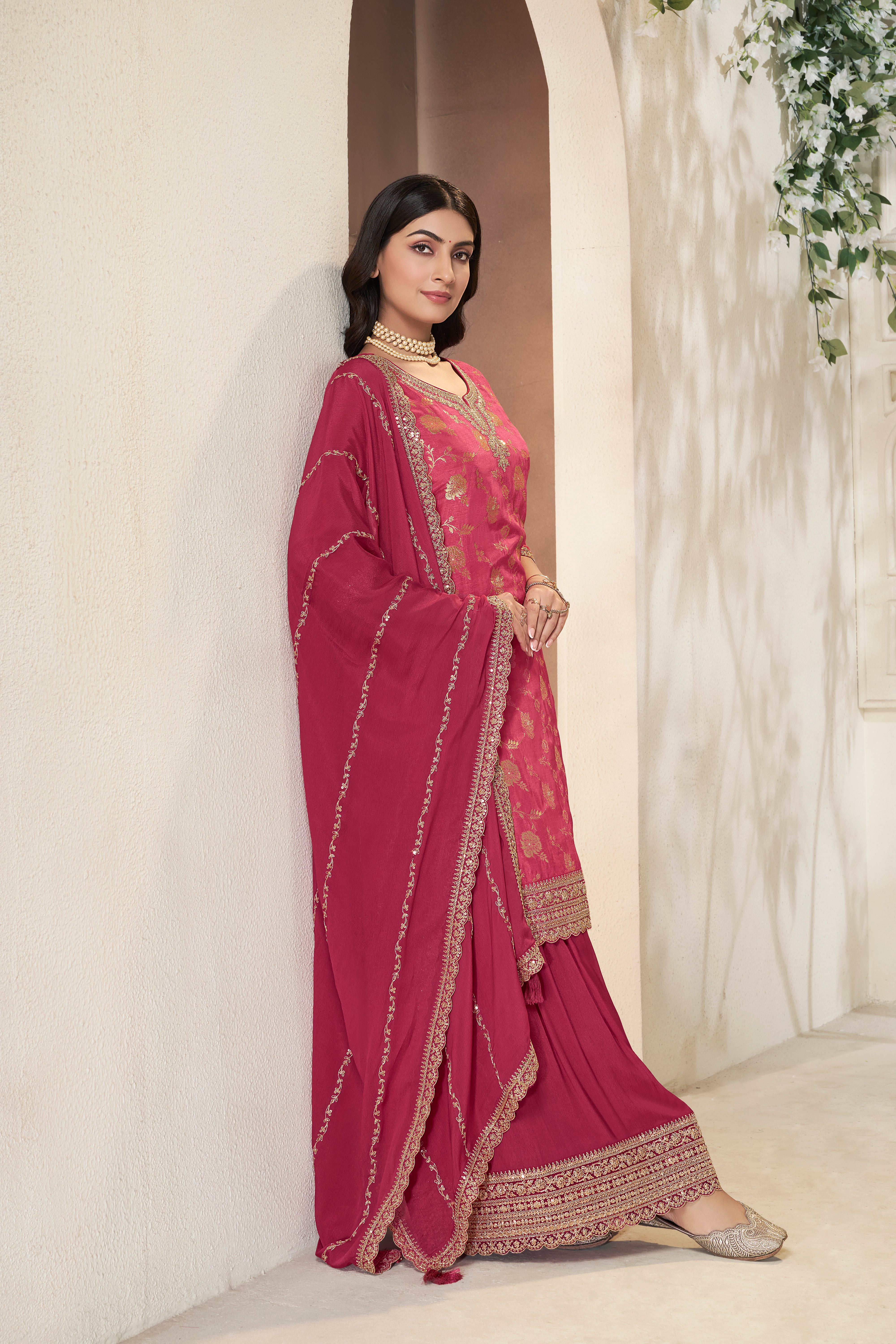 Cerise Pink Embellished Banarasi Silk Palazzo Set